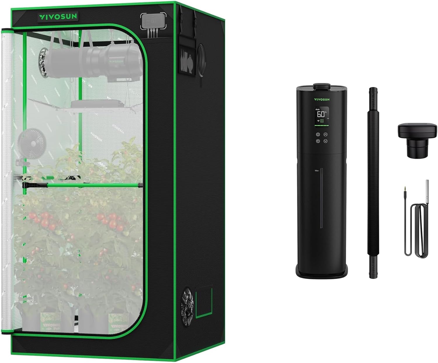 VIVOSUN P336 36"×36"×72" PRO Grow Tent and AeroStream H09 Intelligent Wi-Fi Humidifier, 2.38 Gal / 9 L Humidifier with Temp & Humidity Probe, Smart Remote Control, Designed for Growers