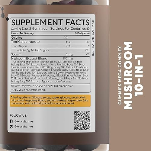 Miniatura 6 de Road Trip - Gomitas de hongos para adultos, suplemento de 120 unidades de gomitas complejas de hongos 10 en 1 para concentración y aumento de