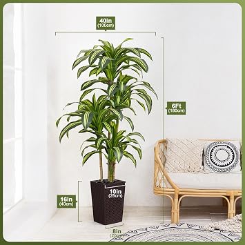 VeriNatural VN127 Artificial Dragon Tree 180 cm Artificial Plants Large UV-Resistant Artificial Plant with 96 Leaves Brown Pot & River Stones Decorative Plant for Living Room Office Indoor and Outdoor Use