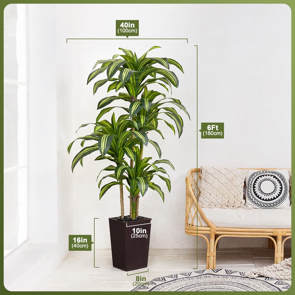 VeriNatural Künstlicher Drachenbaum 180 cm Kunstpflanzen Groß - UV-beständige künstliche Pflanze mit 96 Blättern, Braun Topf & Flusssteinen - Deko Pflanze für Wohnzimmer Büro Indoor Outdoor, VN127 | Kunstpflanzen Groß mit 76 Blättern & Flusssteinen Deko K