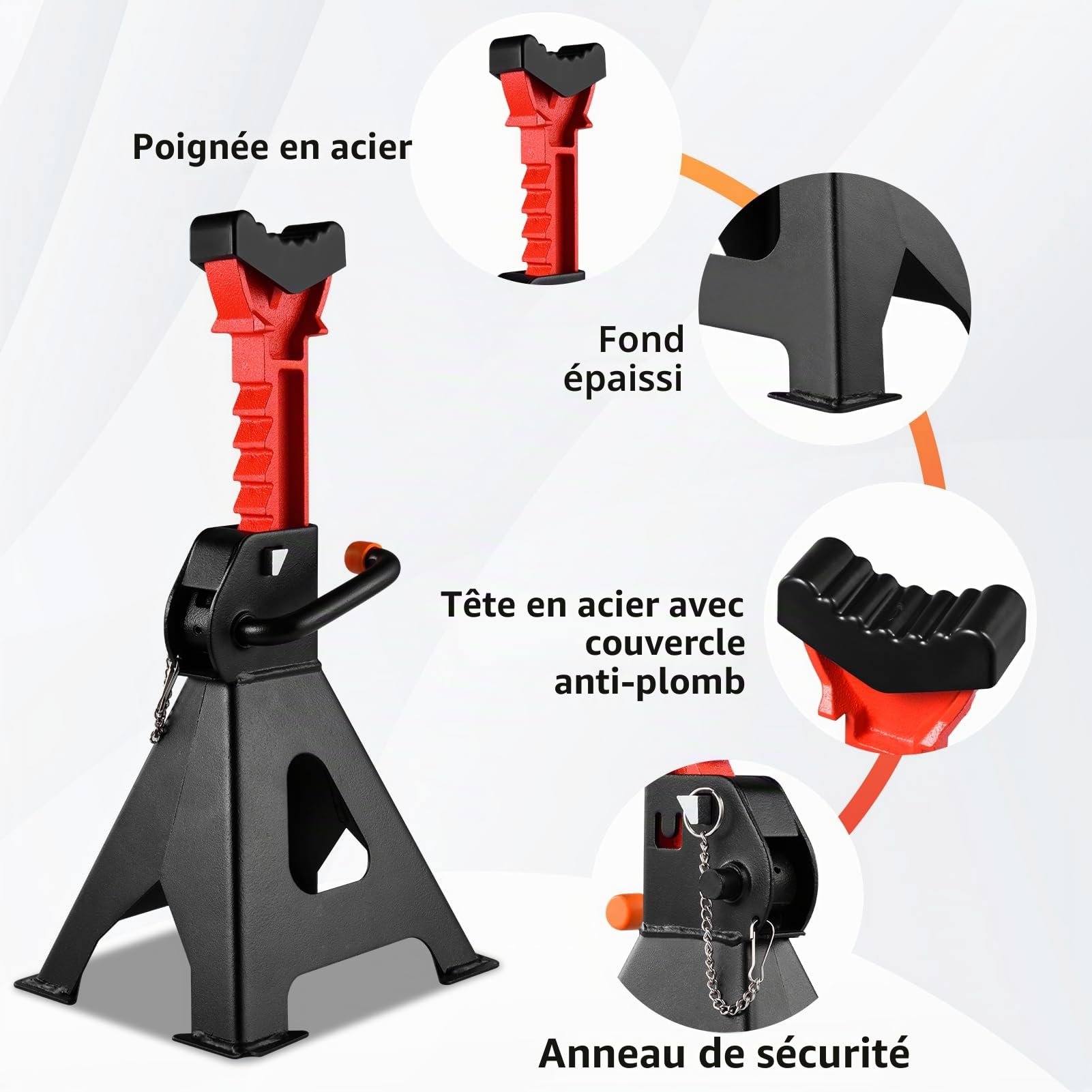 Lot de 2 chandelles d'essieu 6 tonnes réglables en hauteur sur 9 niveaux (36-58,5 cm) avec support en caoutchouc pour voitures, SUV et camionnettes