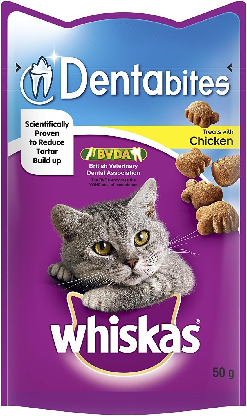WHISKAS DentaBites Cat Dental Treats for Oral Care, Reduce Build up and Help Control Tartar, with Delicious Chicken, 8 x 50 g - Pack May Vary