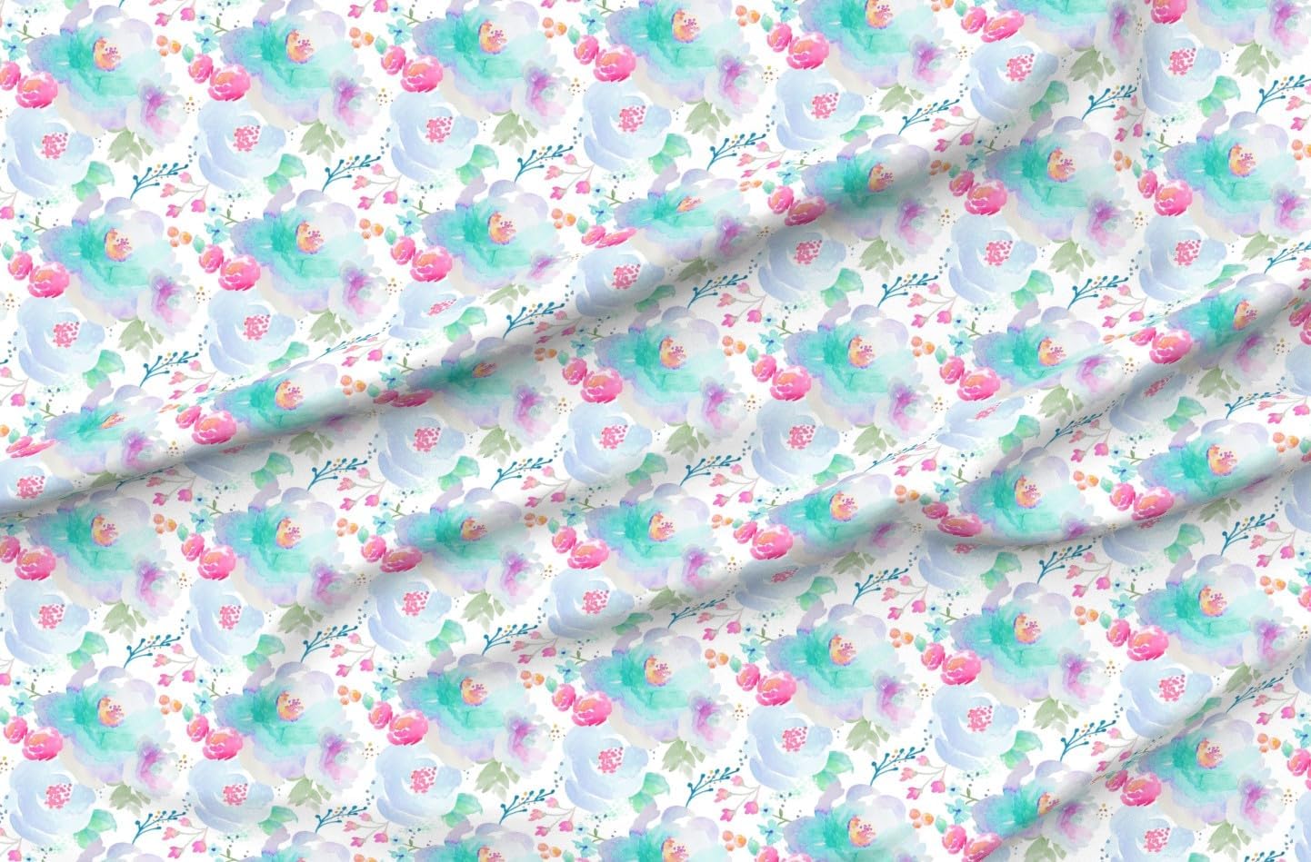 Spoonflower Fabric - Bloom Floral Blues Pink Flower Blue Turquoise Blossom Florals Printed on Organic Cotton Sateen Fabric by The Yard - Sewing Quilting Apparel Home Decor