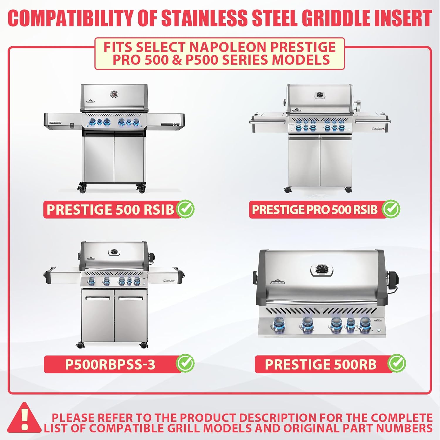 Full Size Griddle Insert for Napoleon Prestige PRO 500 & Built-in Prestige 500 Grills Accessories, BIP500RBNSS-3 P500RBPSS P500RSIBNK-3 P500 P500N Parts, 26.3"L x 17.7"W Stainless Steel Griddle Plate