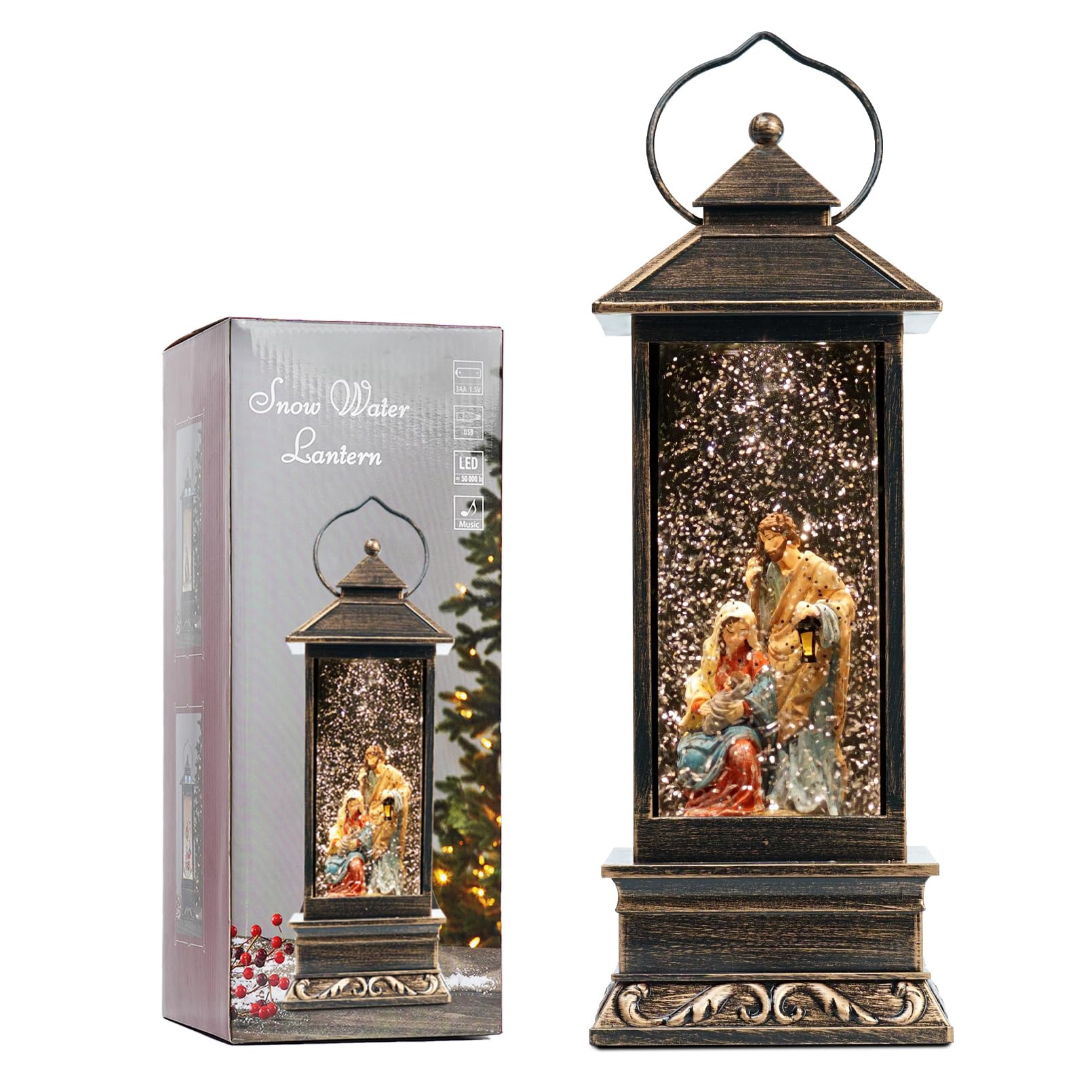 12" Christmas Snow Globe Lantern with Nativity - Water Swirling Glitter LED Light Lantern with Music - Vintage Xmas Gifts - USB Plug or Battery Operated Home Decor (Religious)