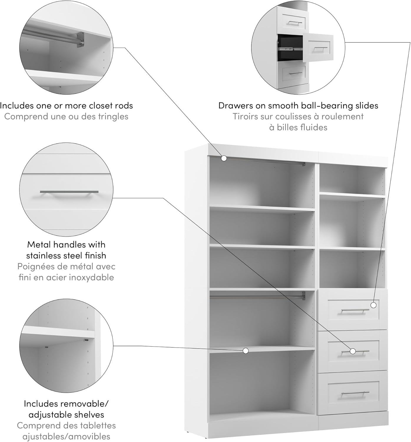 White 61" Closet Organizer System with Drawers and Shelves