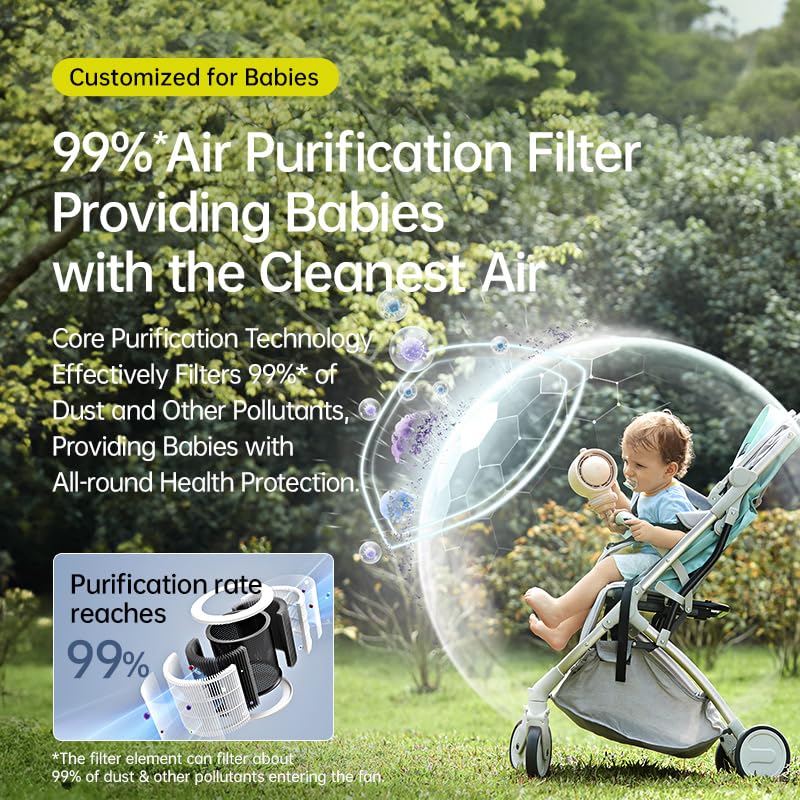 Image showing a baby in a stroller with the fan, highlighting the air purification feature