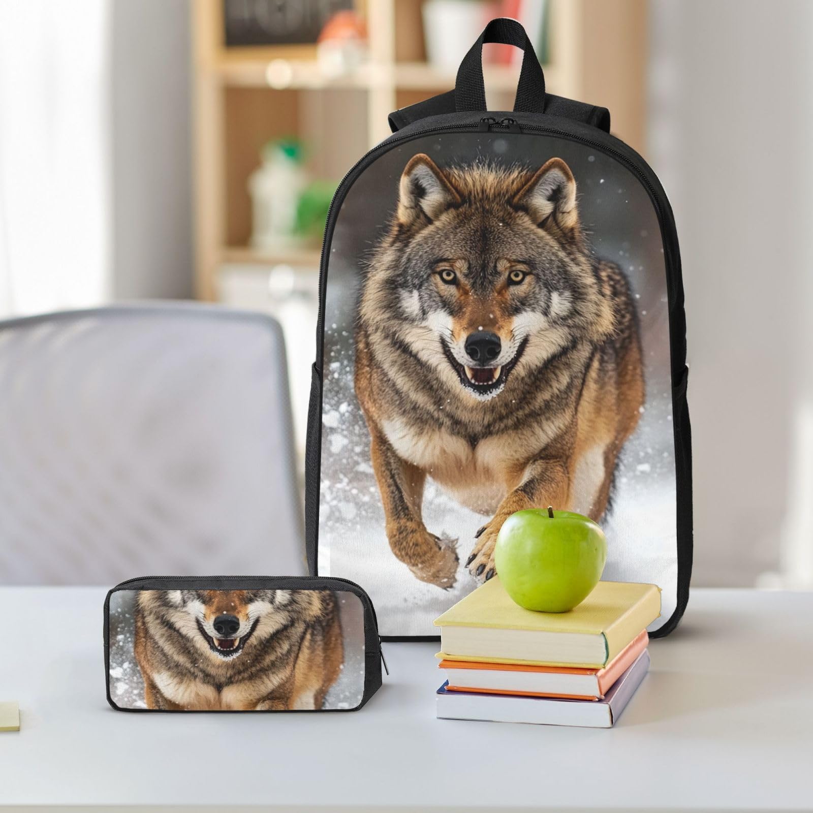 Zestaw plecaków Smart Wolf Print z torbą na lunch i piórnikiem | Minimalistyczny zestaw dla nastolatków, izolowana torba na artykuły pa, codzienne użytkowanie na zewnątrz
