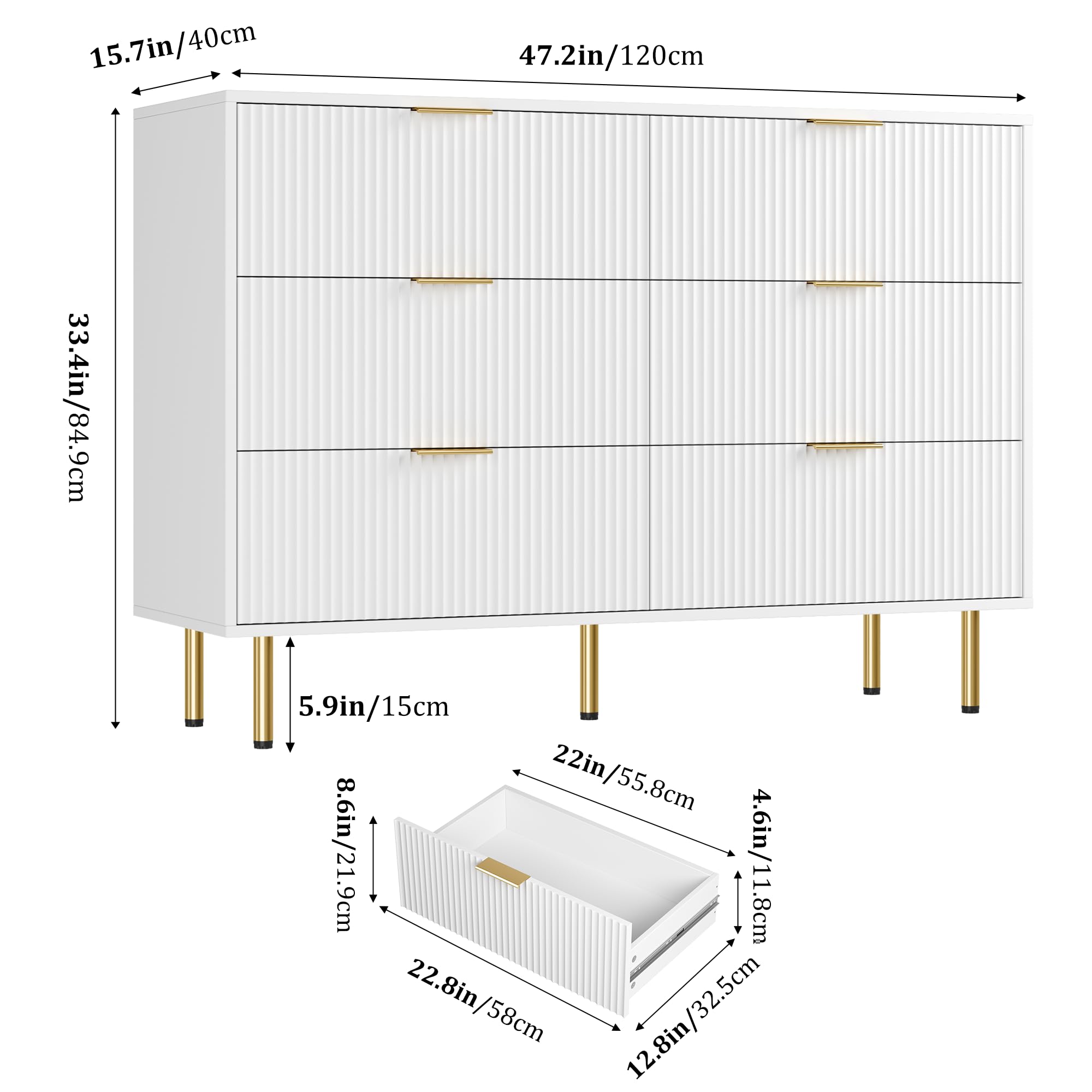 GarveeHome Fluted Wood 6 Drawers Dresser for Bedroom, Large Modern Chest of Drawers, White Dresser with Gold Handle, Wood Drawer Organizer for Bedroom, Living Room, Hallway, Entryway