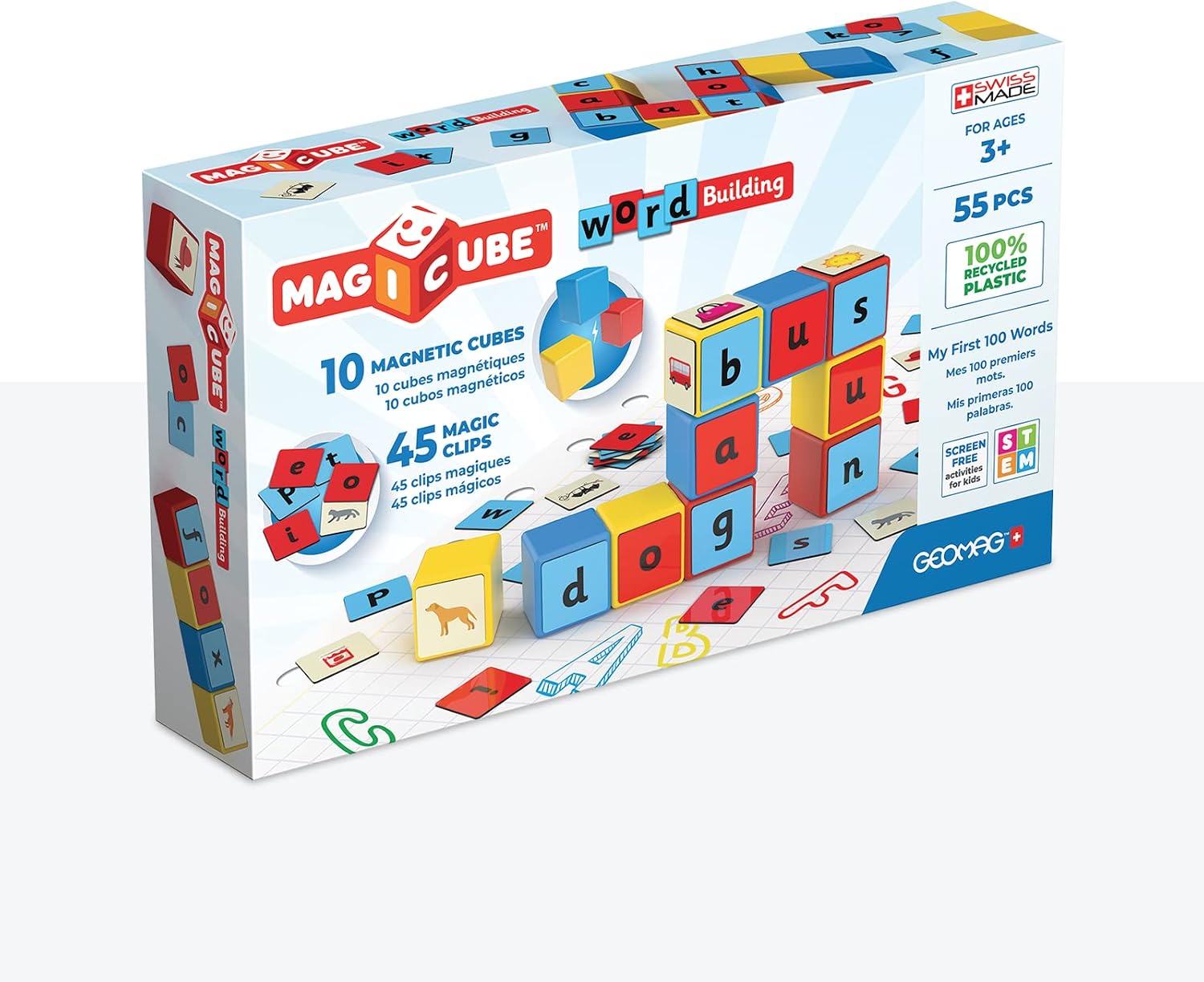 Geomag, Magicube Word Building Clips, Magnetic Games Suitable Children From 3 Years Old, Set to Learn English, 55-Pc Pack (258)