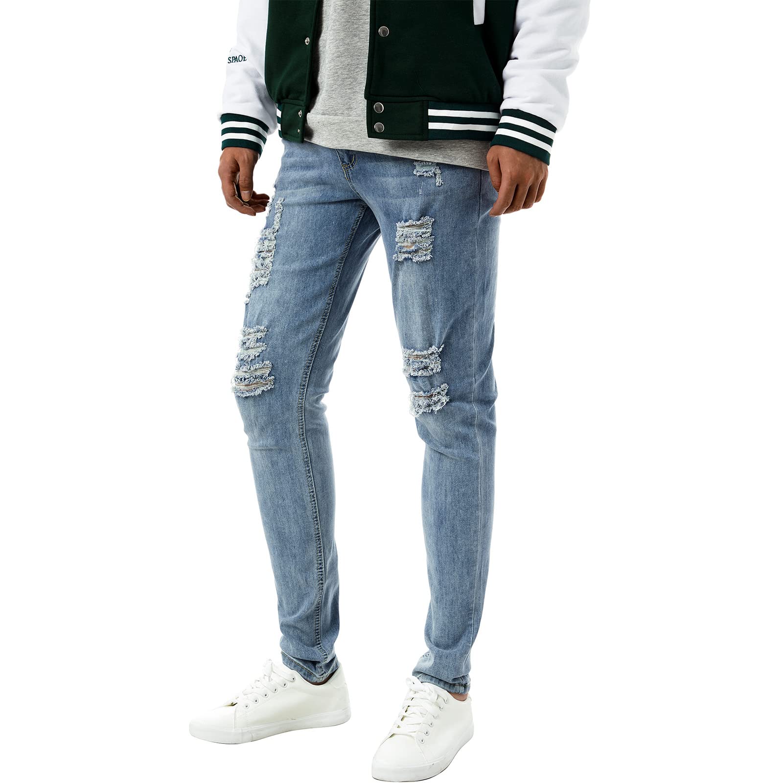 Jeans da uomo classici strappati, elastico in vita elasticizzata, pantaloni in denim invecchiato pantaloni hip hop streetwear