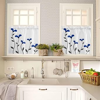 Red Modern Kitchen Curtain Vintage Floral Striped Leaves Lines Geometrical Printed
