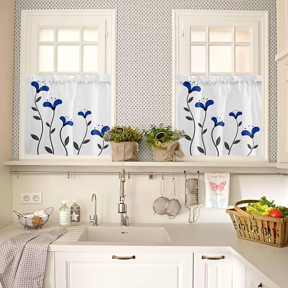 Red Modern Kitchen Curtain Vintage Floral Striped Leaves Lines Geometrical Printed