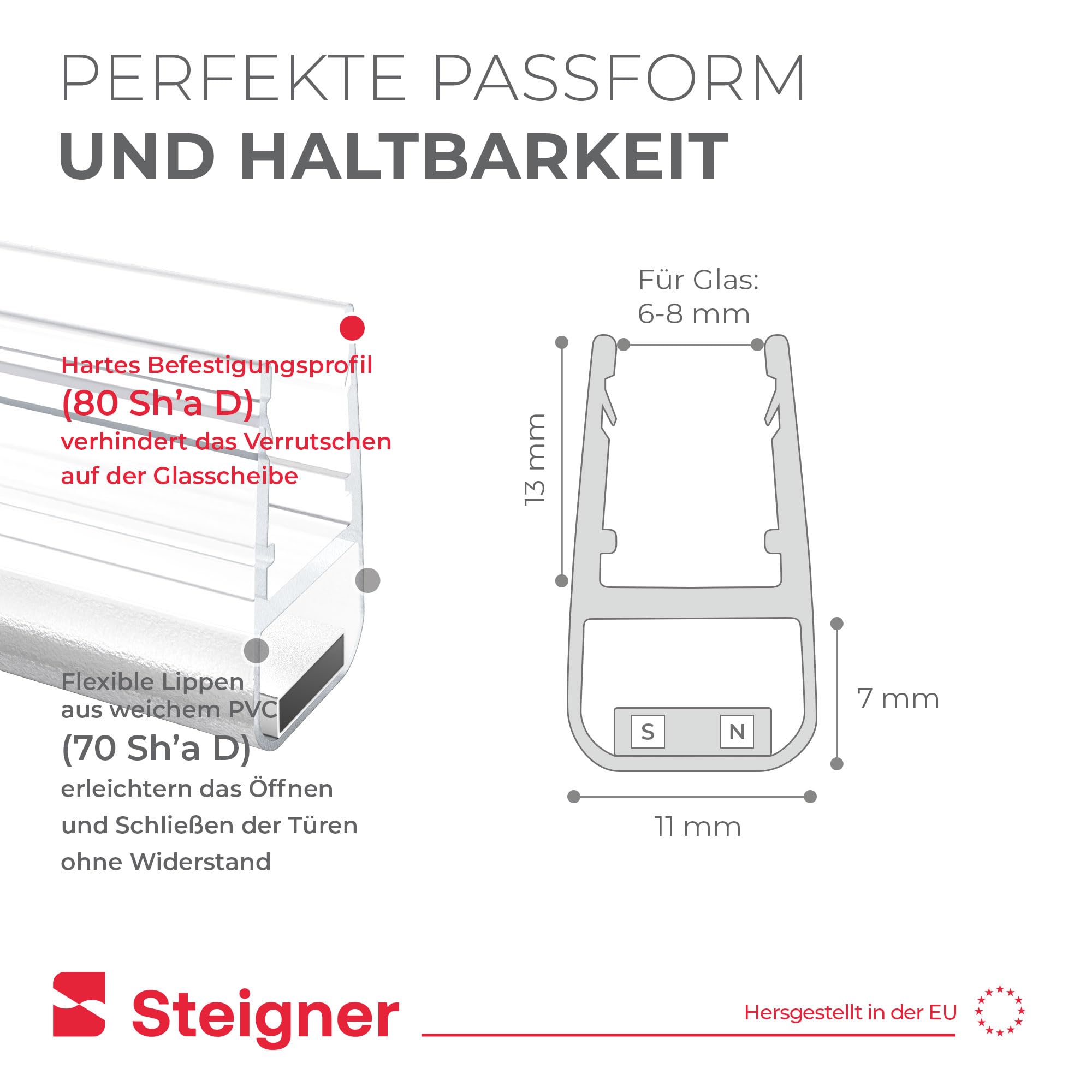 STEIGNER Magnetduschdichtungen UKM02 187 cm (2 Stk.) - Set 180°-Duschdichtungen für Eck-, Fünfeck-, Rund-, Nischen- oder Viertelkreisdusche mit Duschtür 6-8 mm - Perfekte Passform, Ästhetisches Finish