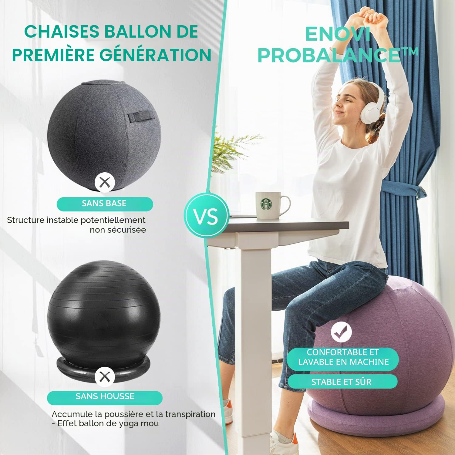 ProBalanceΩ Chaise ballon de yoga avec housse confortable et base de stabilité pour bureau et maison, siège de ballon pour soulager les douleurs dorsales, 75 cm, AB