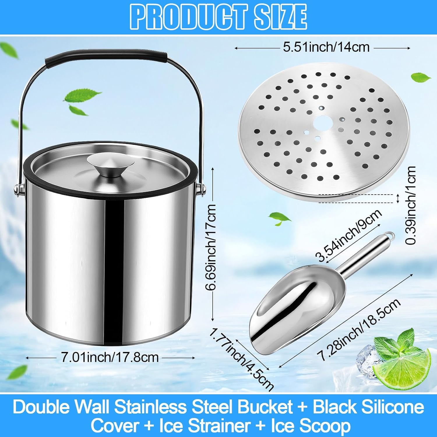 meekoo 3 L Double Wall Insulated Stainless Steel Ice Bucket with Lid, Scoop, Strainer, Handle Large Wine Ice Bucket Upgraded Cover Keep Frozen Longer for Cocktail Bar Parties(Silver) - Image 2