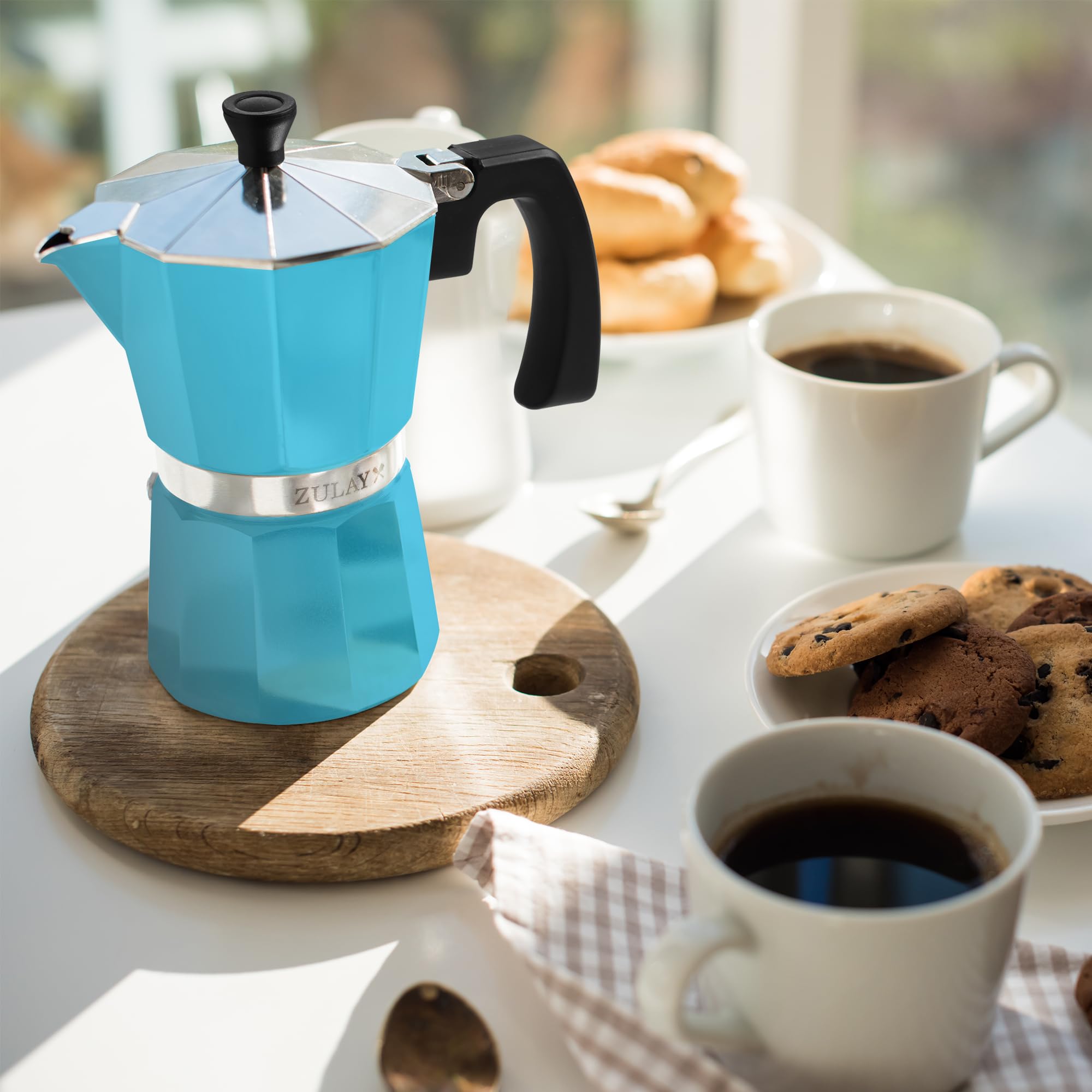 Zulay – Cafetière à expresso à moka de qualité supérieure – Cafetière à expresso anti-fuite – Parfaite pour un expresso authentique de style cubain et italien – Pour 6 tasses à expresso – Bleu clair