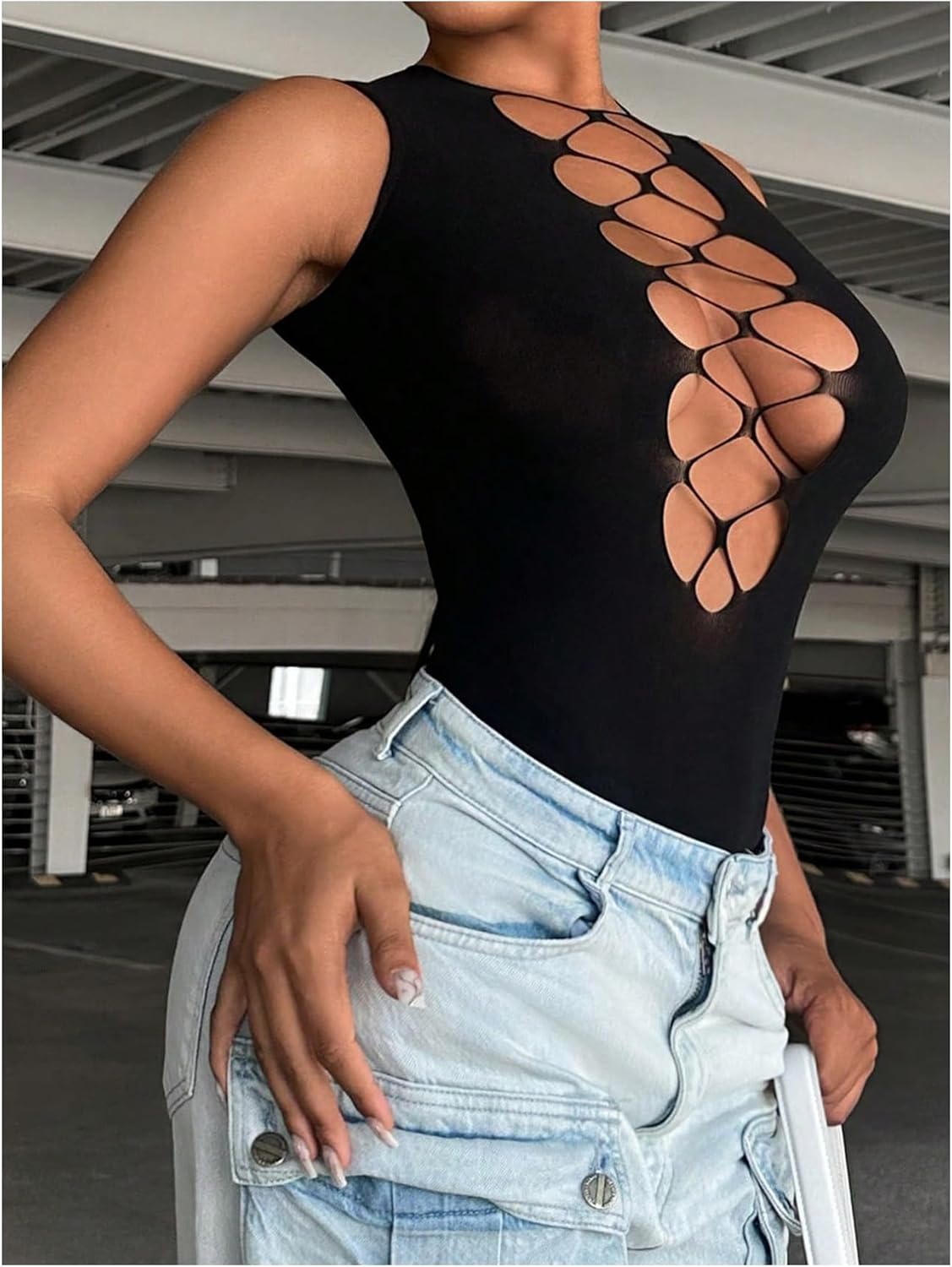 SHENHE Women's Cut Out Criss Cross Deep V Sleeveless Sexy Plunge Neck Bodysuit Clubwear - Image 3