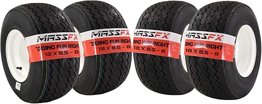 MASSFX 18x8.50-8 18/8.5-8 front and rear White Golf Cart Turf Tires mounted on a 4 on 4 Bolt Pattern, a 4-Ply tire that fits Club Car, Cushman, EZGO, Yamaha (4 Pack)
