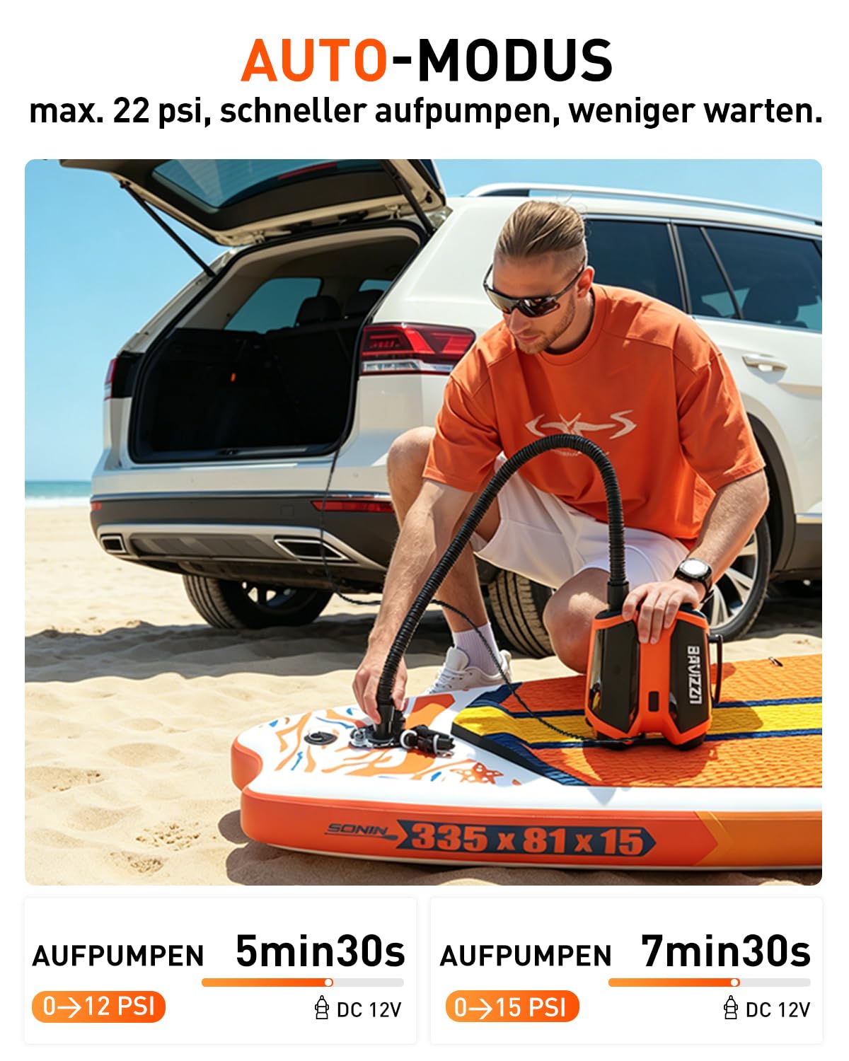 Elektische Sup Pumpe Akku 22PSI Elektrische Pumpe Sup 76.96WH | Akku Pumpe Sup Aufblasen 6 SUP12V DC Typ-C-Anschluss Aufblasen & Entleere für Paddle-Board,Boot,Kayaks,Wassersport