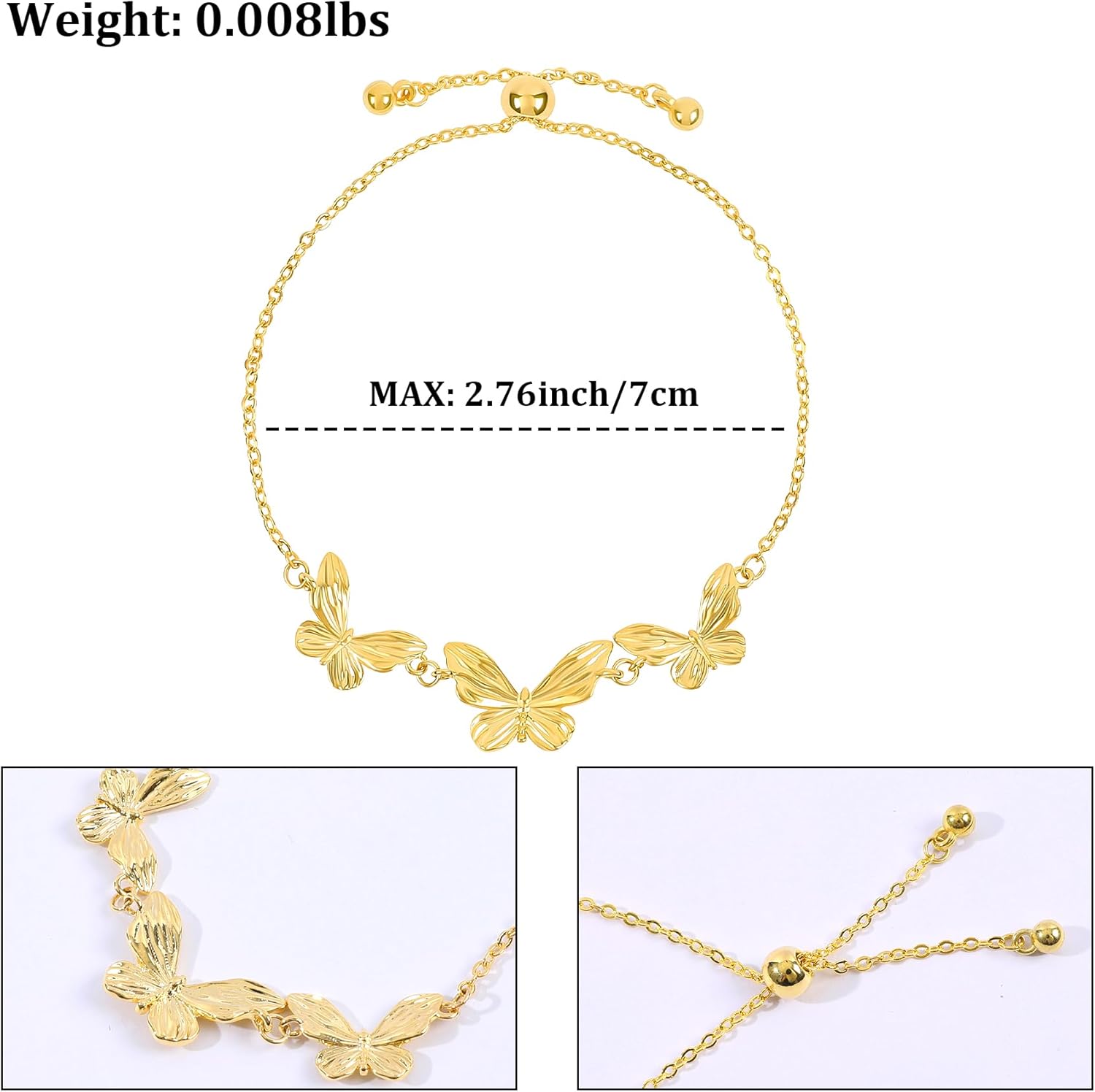 Gold Butterfly Link Bracelet for Women - 14K Gold Plated Triple Charm Elegant Textured Bolo Bracelet - Adjustable Slider Insect Summer Party Trendy Jewelry Gift - Image 2
