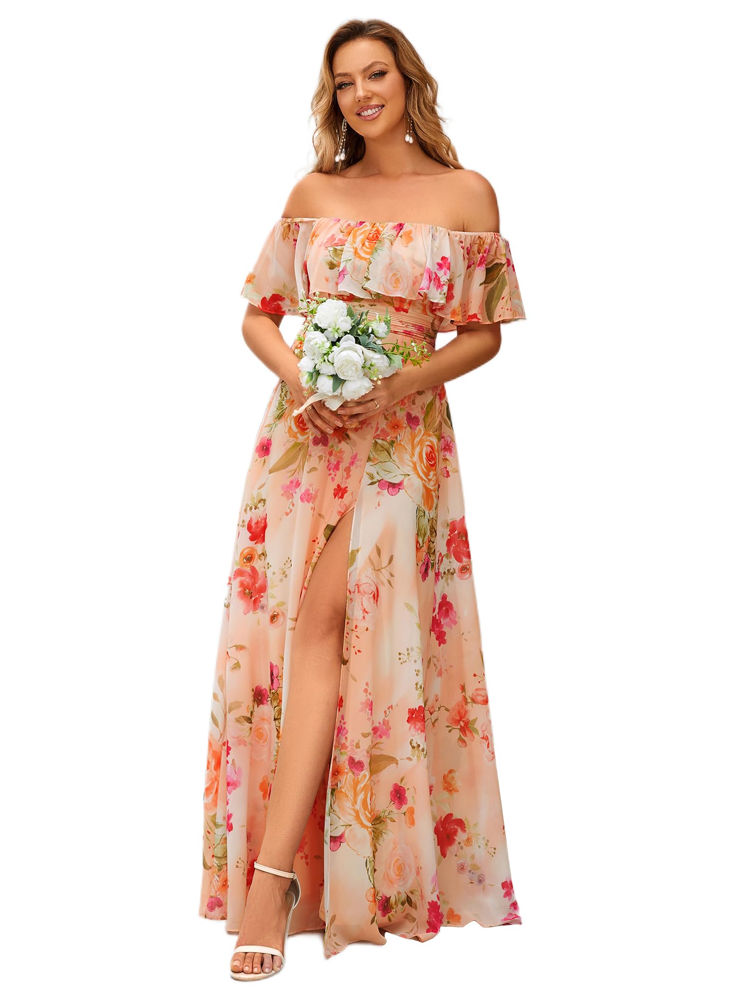 Ever-Pretty Damen Abendkleid A-Linie Chiffon Off Shoulder Dekolletiert Ärmellos Rüschen Hohe Taille 00969