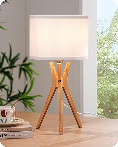 EDISHINE Lámpara de mesa moderna con trípode, lámpara de noche de 17.5 pulgadas con patas de luz de madera natural y pantalla de lino blanco,
