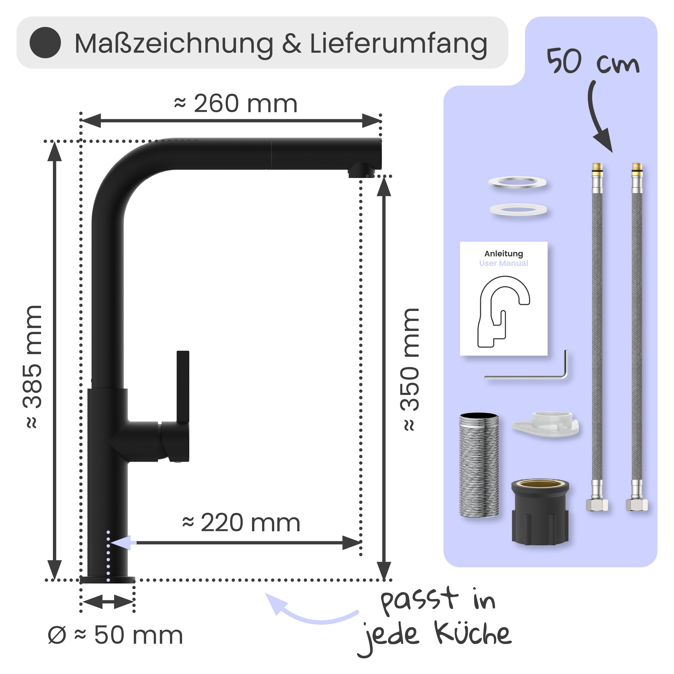 instmaier Cassia | Küchenarmatur | Hochdruck | ausziehbar | Schwarz | Wasserhahn Küche | Mischbatterie | mit herausziehbarem Auslauf | schwarz matt | 360° schwenkbar | instmaier Cassia |
