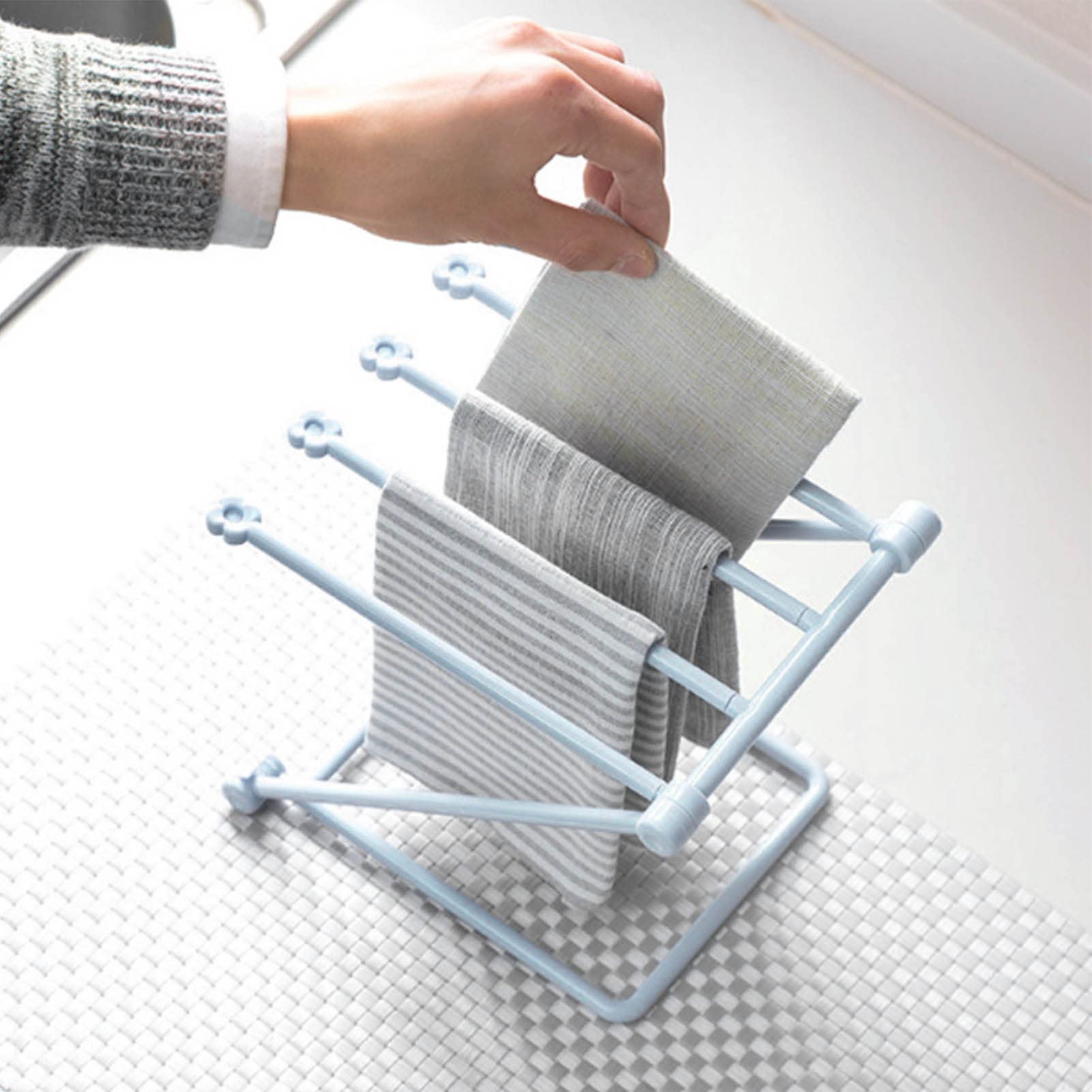 Liuyoyo Towel Rack for Kitchen, Washcloth Holder Dish Rag Cloth Holder,Folding Vertical Hand Towel Stand, 4 Arms Folding Dishcloth Holder, Plastic Washcloth Drying Rack(Light Blue)
