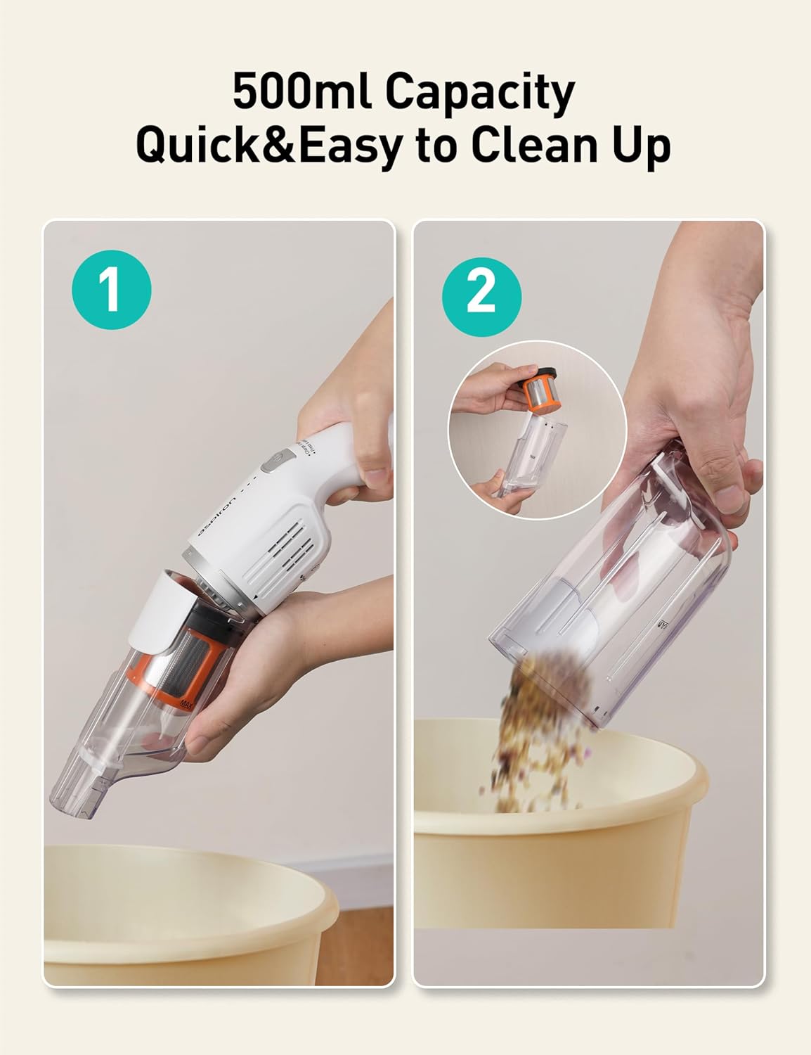 Aspiron Cordless Handheld Vacuum, 24KPA Powerful Car Vacuum, 2-Speed, 2 Charging Methods, Wireless Charger, Ergonomic Handle, Portable Rechargeable Vacuum Cleaner for Car, Home, Cream White - Image 7