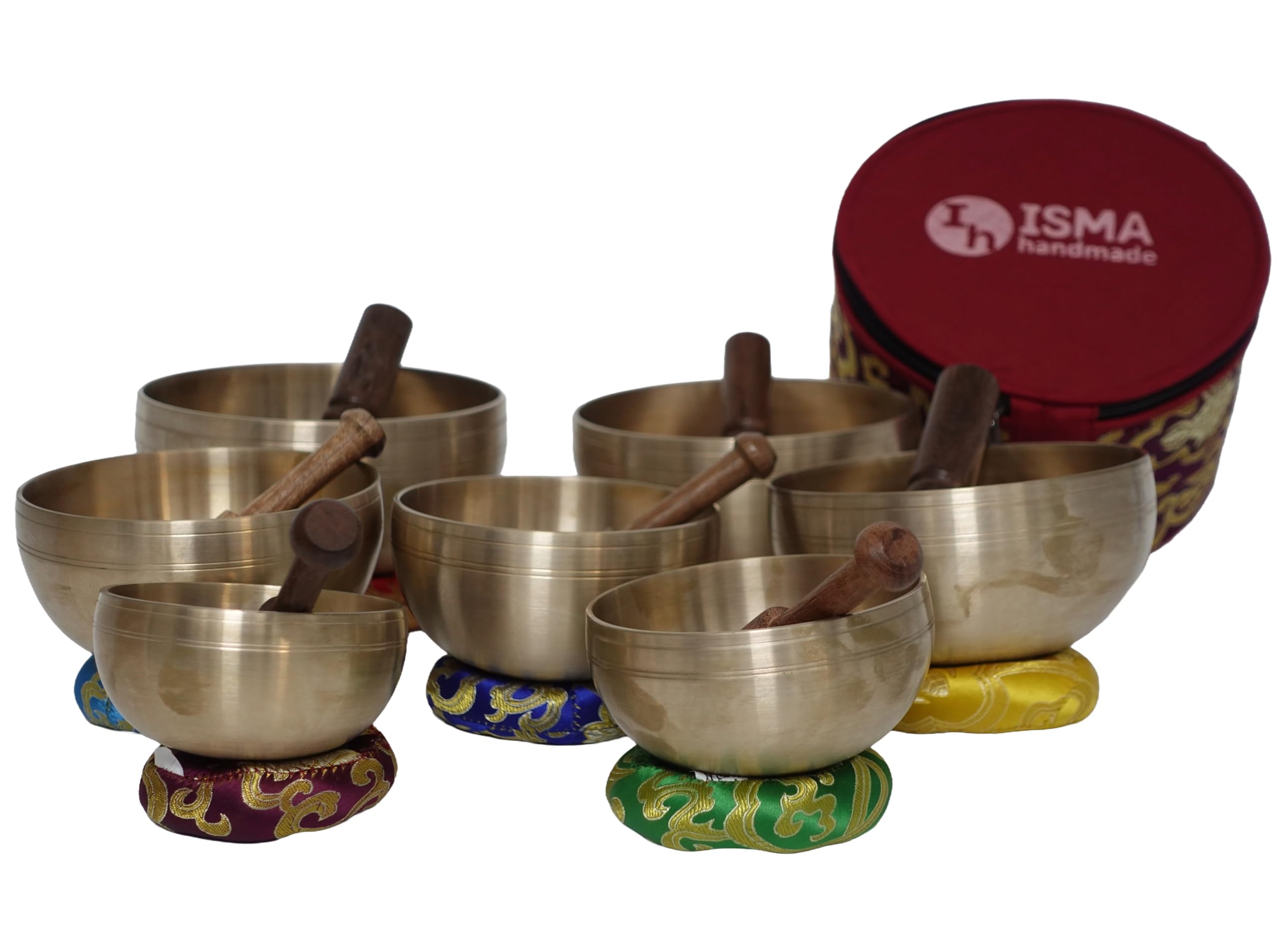 Set di campane tibetane per 7 chakra, realizzate a mano per meditazione, yoga e guarigione del suono, include martello e cuscino