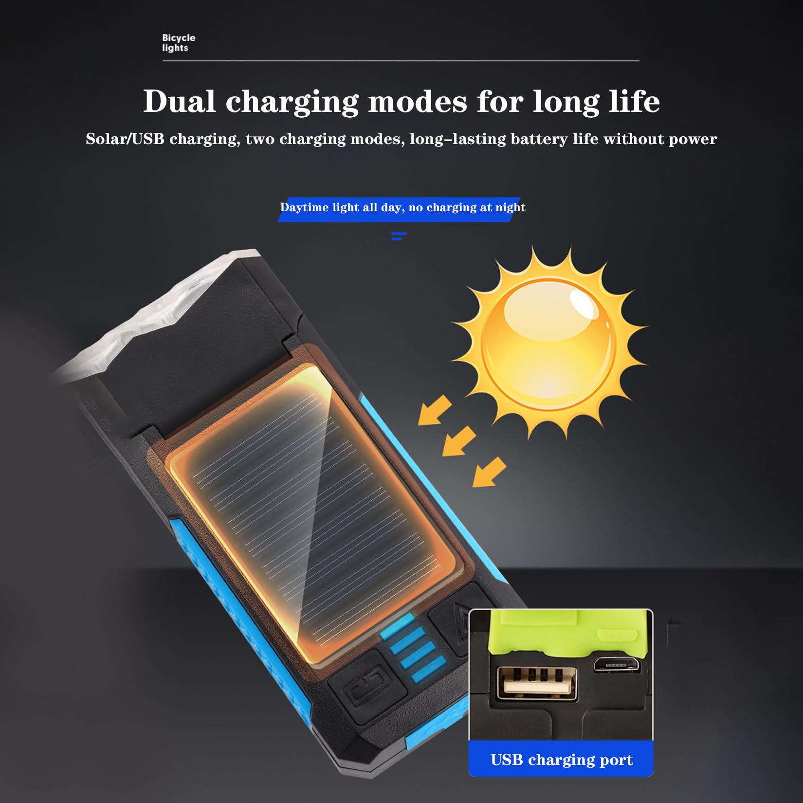 Phare de vélo + klaxon, Recharge bi-Mode USB/Solaire, Trois Modes d'éclairage, Affichage de la Puissance, Grande Batterie 4000 mAh, 12,2 * 5,5 * 2,6 cm