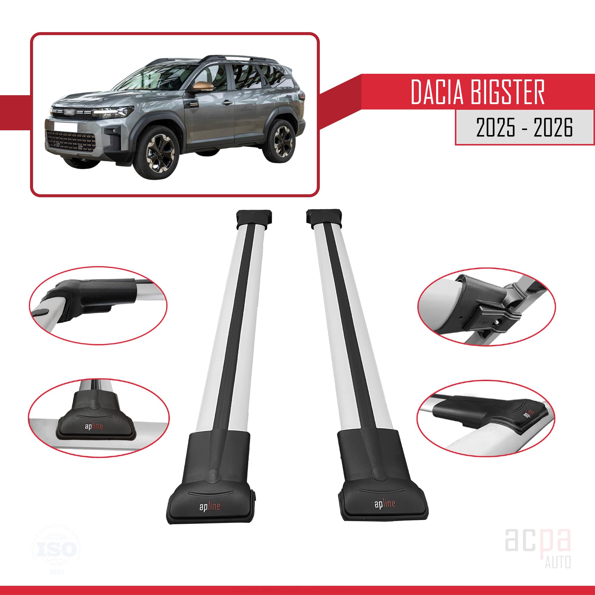 Compatible con Dacia Bigster 2025-2026 Fly Model Barras de Techo Auto Portaequipajes Barras Transversales Gris Aluminio 2 Barras