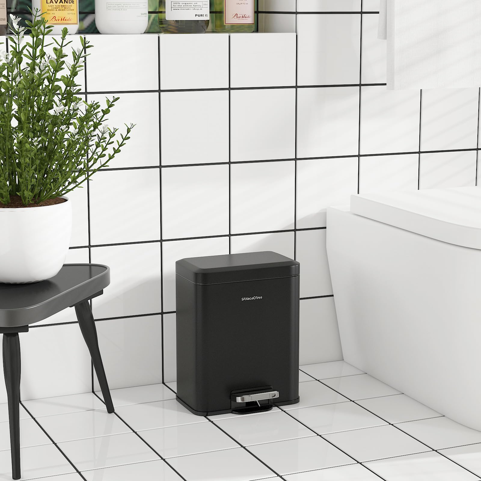 Dracelo Small Bathroom Step Trash Can With Lid Soft Close In Black