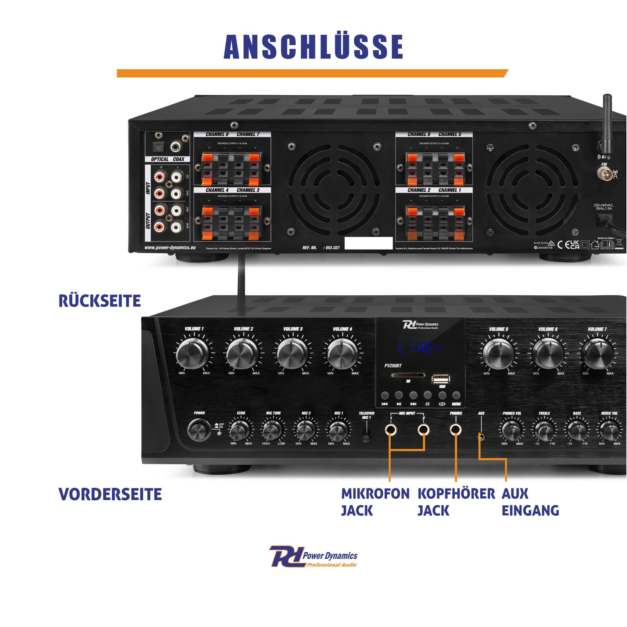 Power Dynamics PV280BT Verstärker mit Bluetooth - 8 Kanal Bluetooth-Receiver mit 800 Watt Leistung, MP3-Player, FM Radio - für Karaoke geeignet, inklusiv Fernbedienung - Schwarz