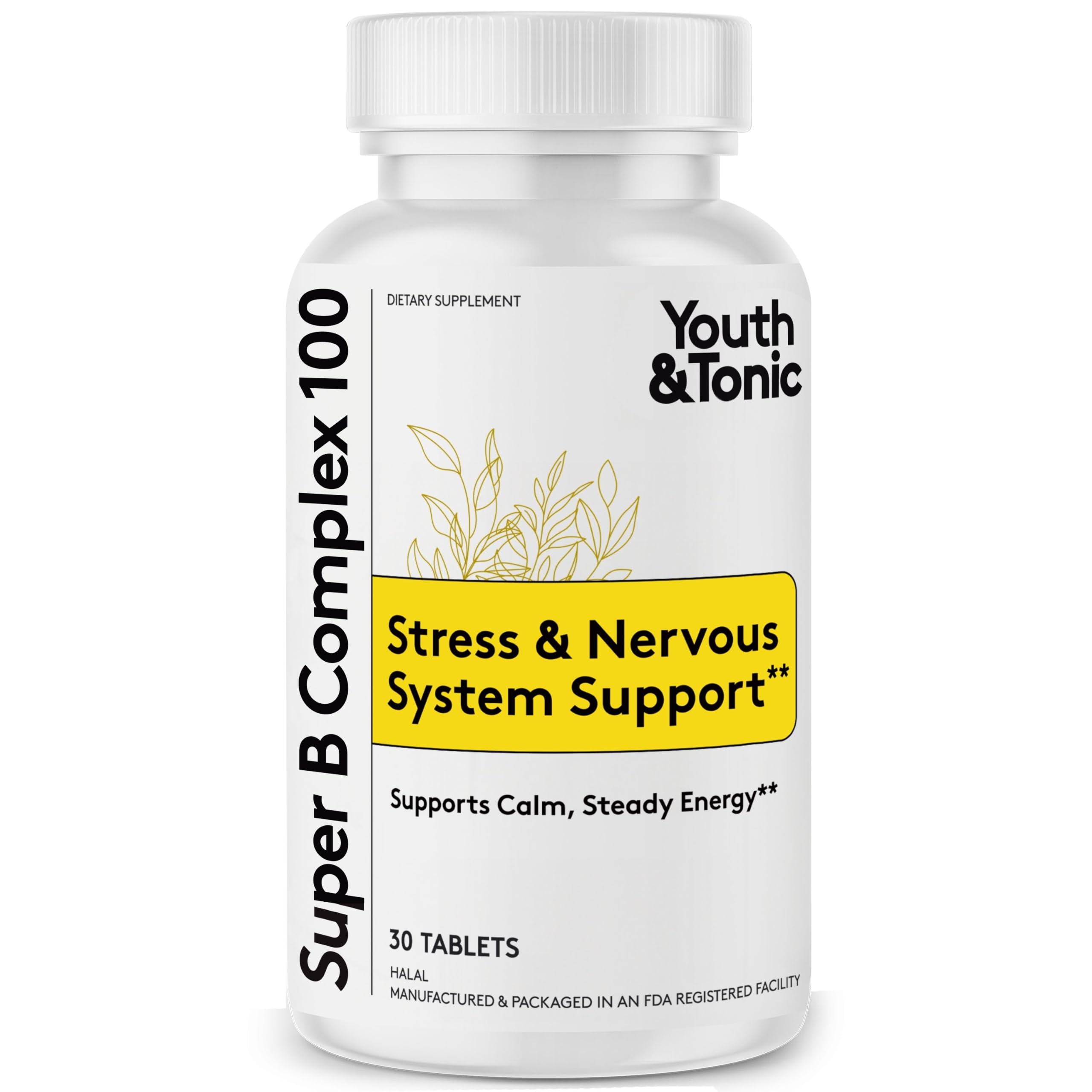 Youth & Tonic Super B Complex 100, Stress B Complex, PABA B-100 Vitamins 30 Count (Pack of 1)