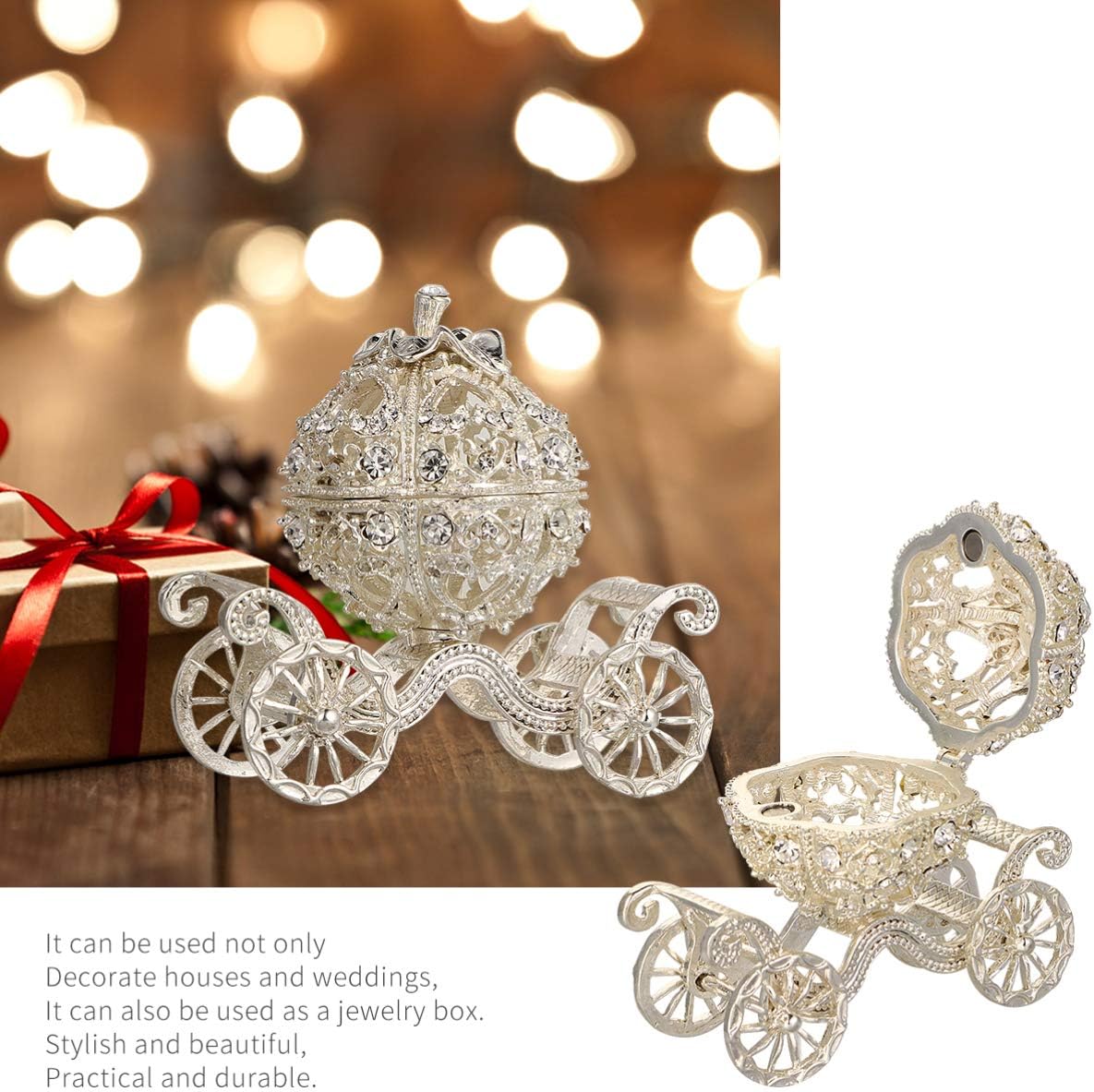 TOYANDONA Silver Vintage Rhinestone Pumpkin Carriage Trinket Box, Sparkling Diamond Ornaments Organizer Box for Home Wedding Decor - Image 9