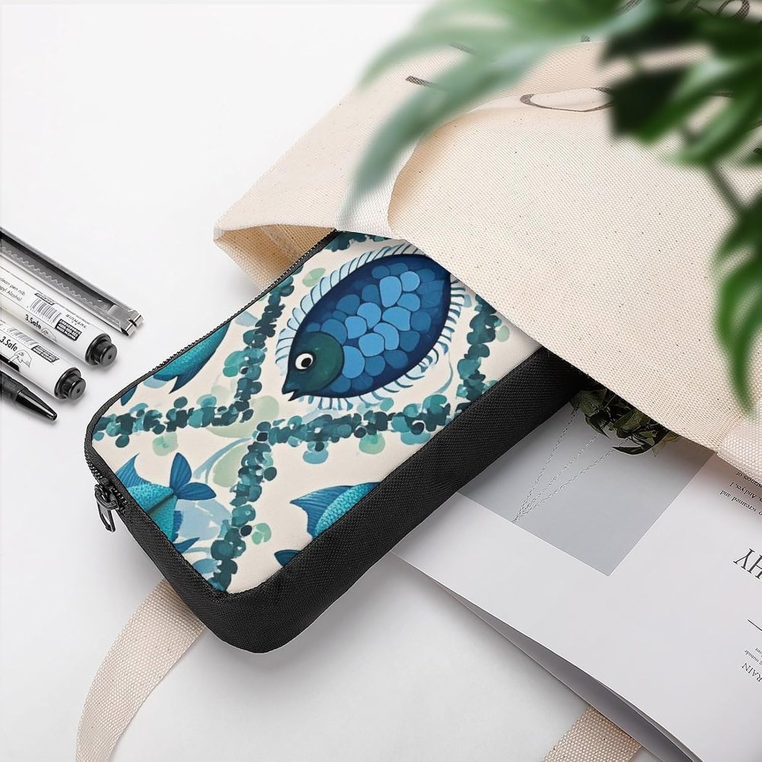 Cyan Fish Pattern Large Pencil Case, Pencil Pouch with Zipper image 5