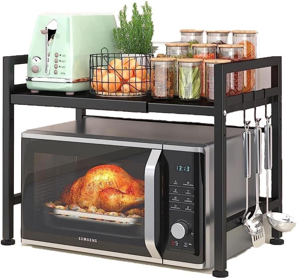 Soporte de Microondas Ampliable, 2 Niveles de Cocina de Metal Estantes Organizador de la Mestop con 6 Ganchos, Panadero Rack, Plataforma de Microondas, Horno de Microondas Rack (2 Niveles)