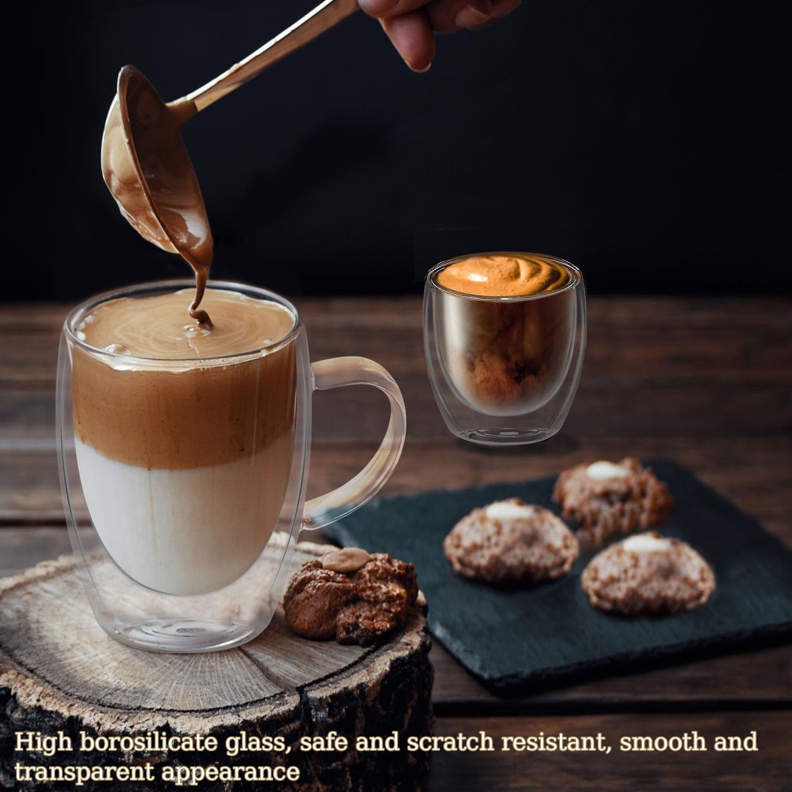 8 bicchieri per latte macchiato con manico, 4 bicchieri da caffè a doppia parete da 350 ml e 4 bicchieri da caffè/tè da 80 ml, mantengono caldi a lungo, perfetti per latte, cappuccino, americano, tè e