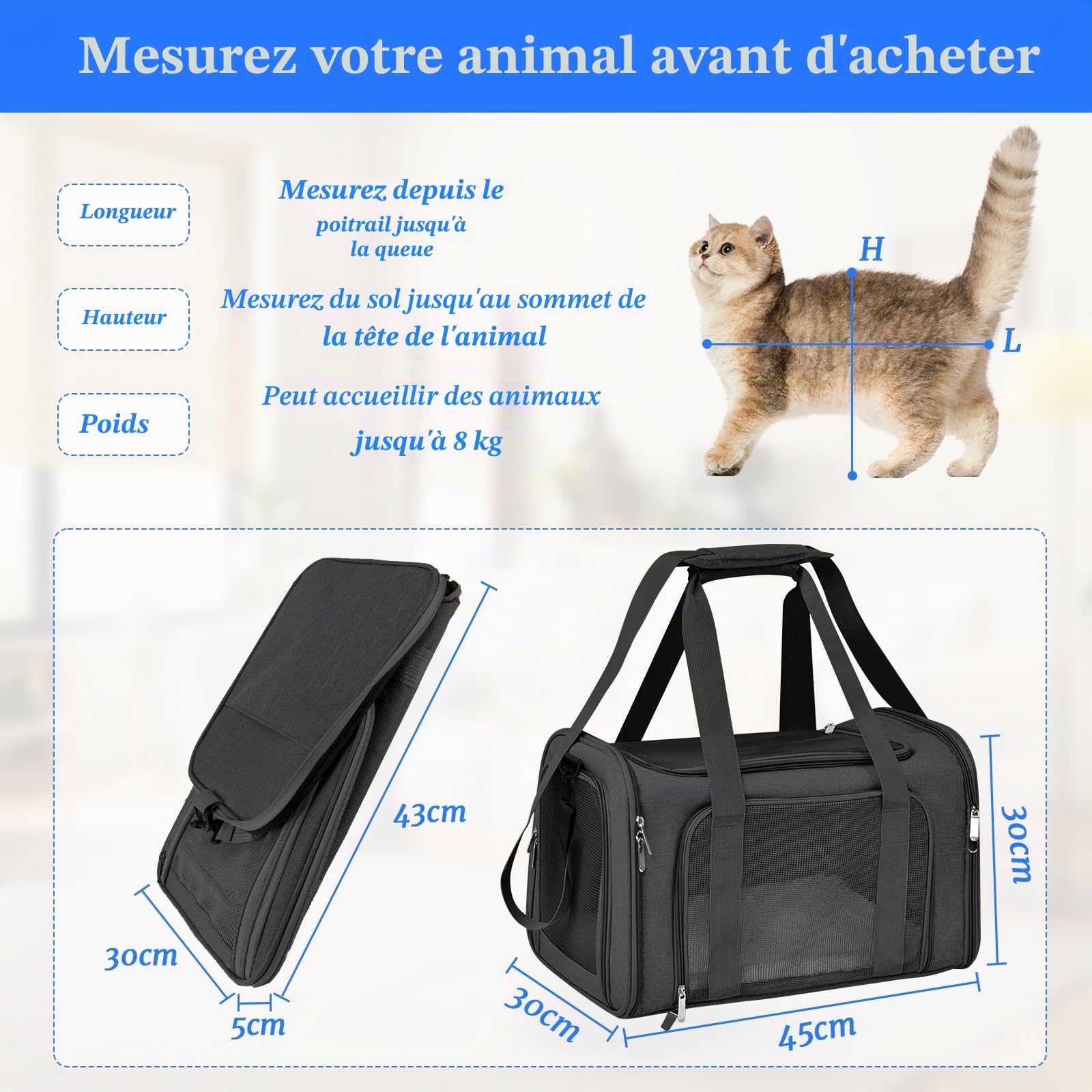 45x30x30 cm Sac de Transport pour Chat d'Extérieur Pliable et Respirant, Caisse de Transport Chat avec Matelas Souple, Sac Chat Transport pour Chat et Chien Voyage en Train/Voiture(Noir)