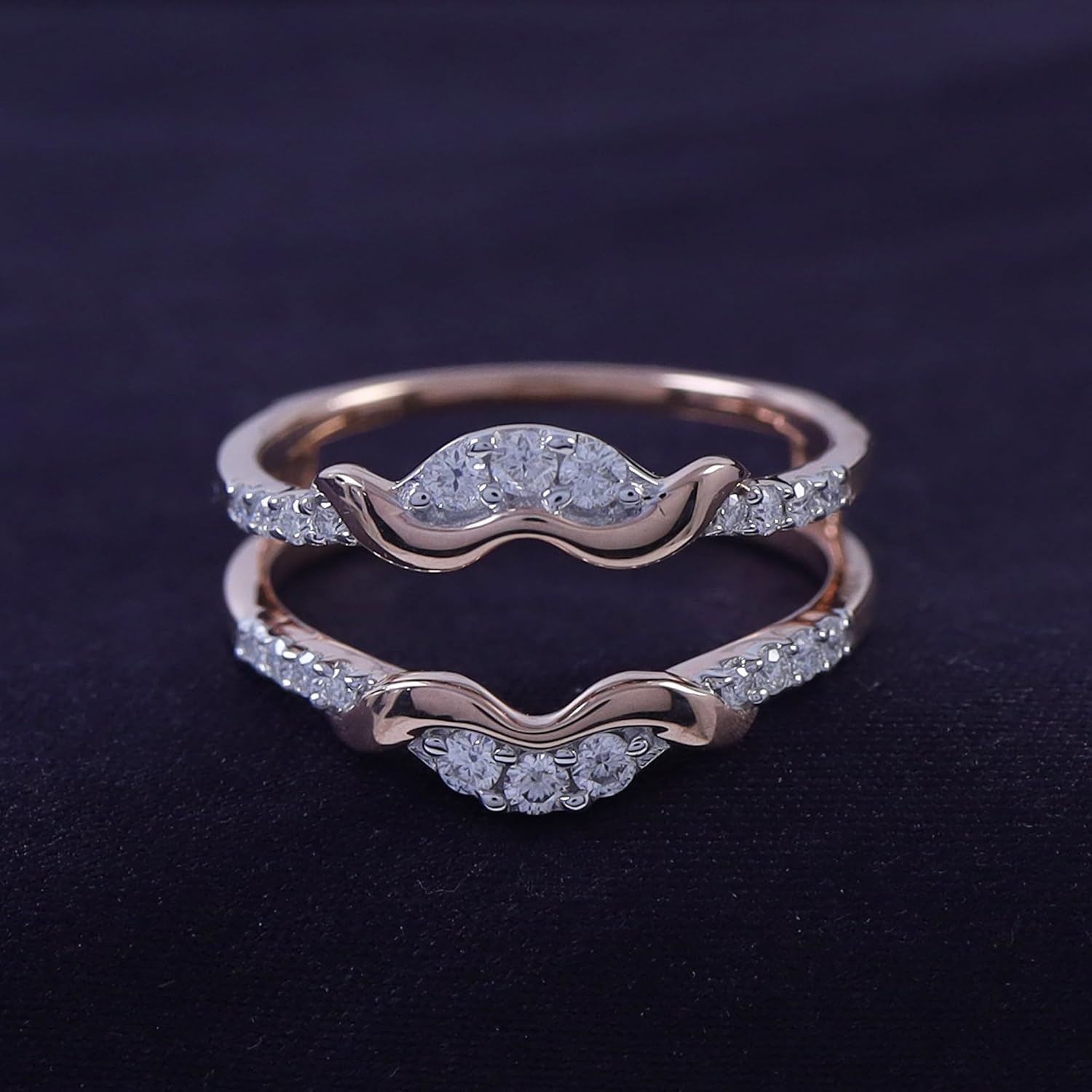 Chevron Enhancer Guard Ring for Women, Round Cut Lab Created Moissanite Curved Wedding Bands in 14k Gold Plated Sterling Silver Jewelry for Her