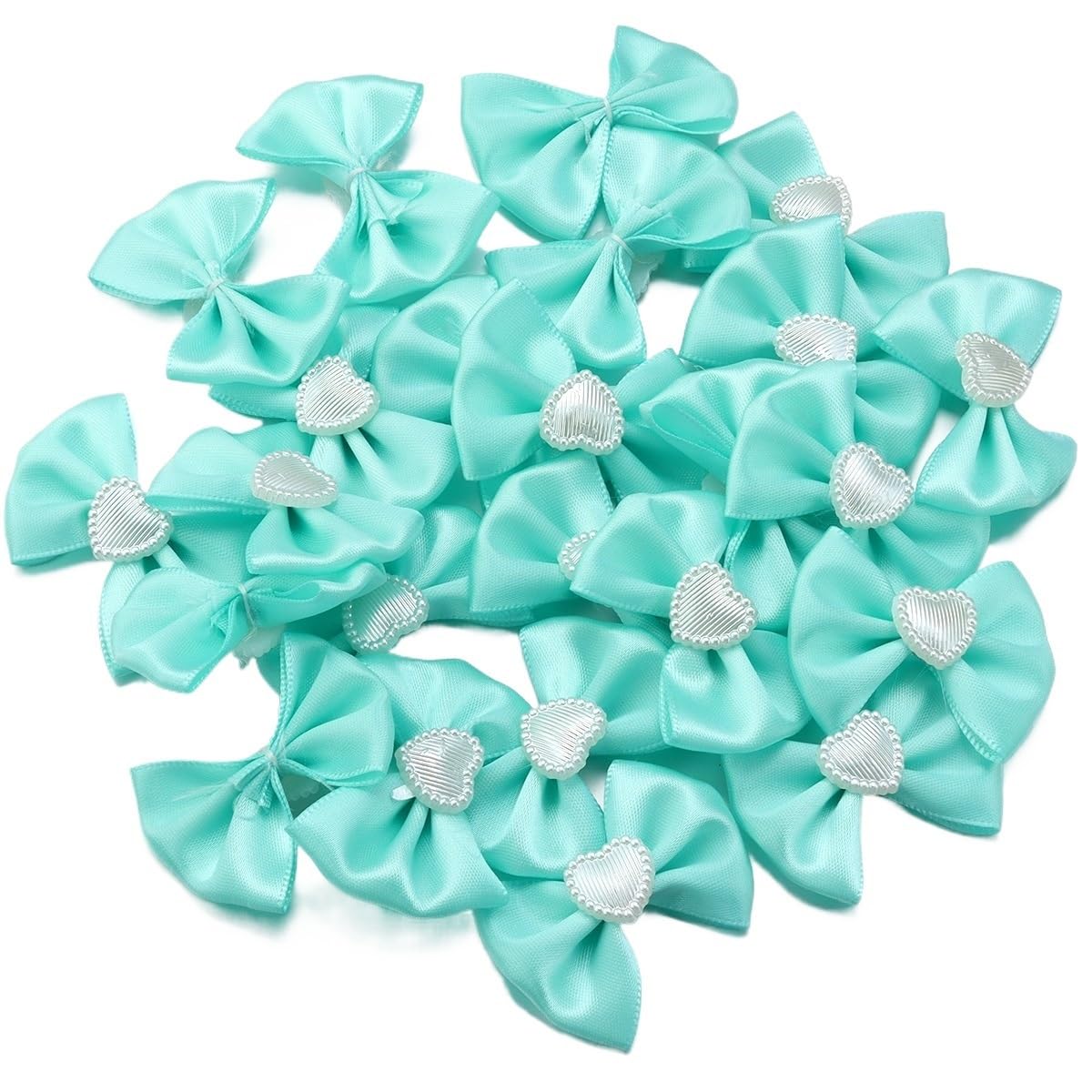 LATEAU Ribbon Bows 20pcs/lot Polyester Satin Ribbon Bows With Heart Pearl Bowknots For DIY Clothing Decoration Accessories(Green)