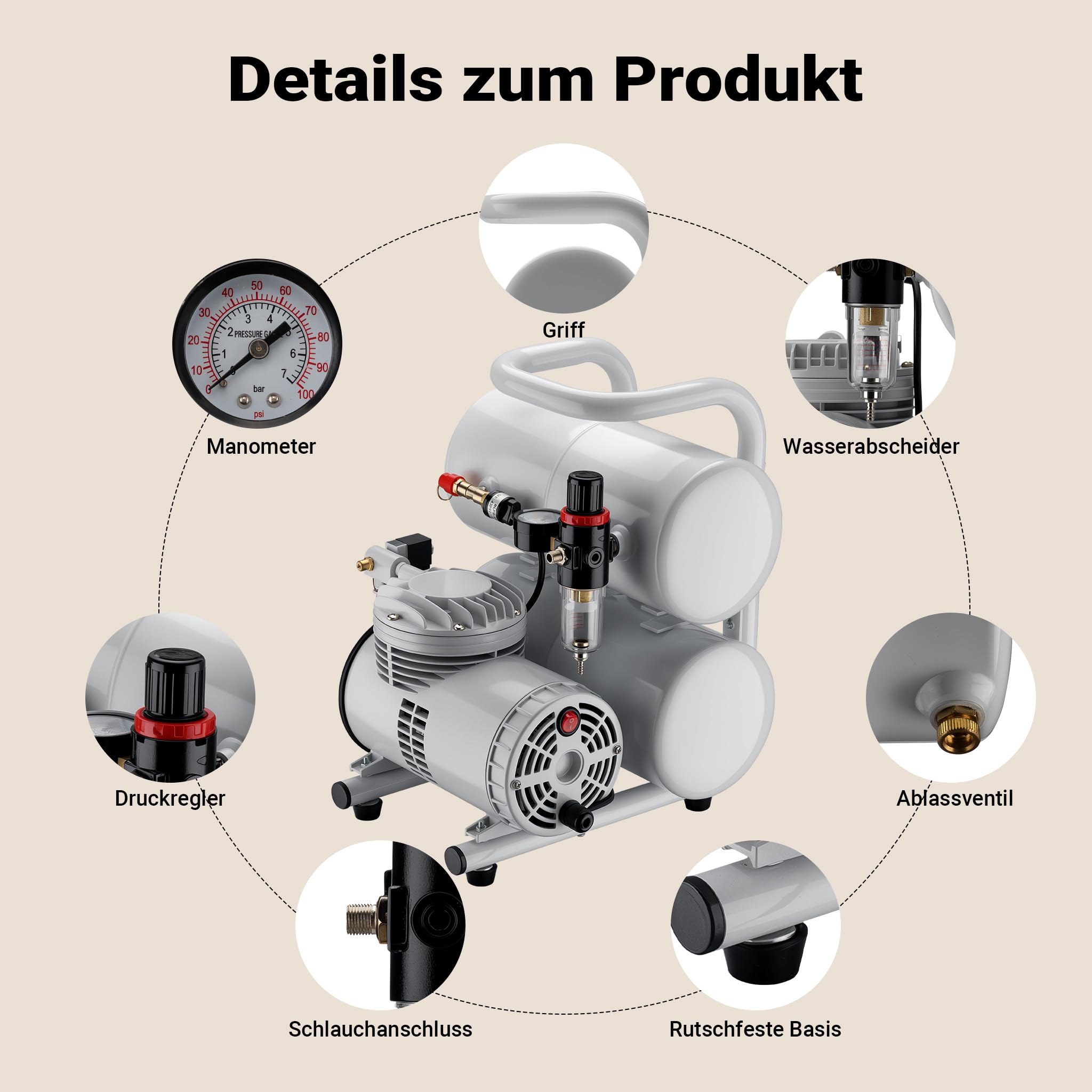 Wiltec Airbrush Kompressor AS06T 1/4 PS mit Zubehör, Kompressor für Airbrush-Pistole hohe Luftzufuhr 65-69 l/min, leistungsstarker Druckluftkompressor 3,2 bar, Luftkompressor für Airbrush-Design