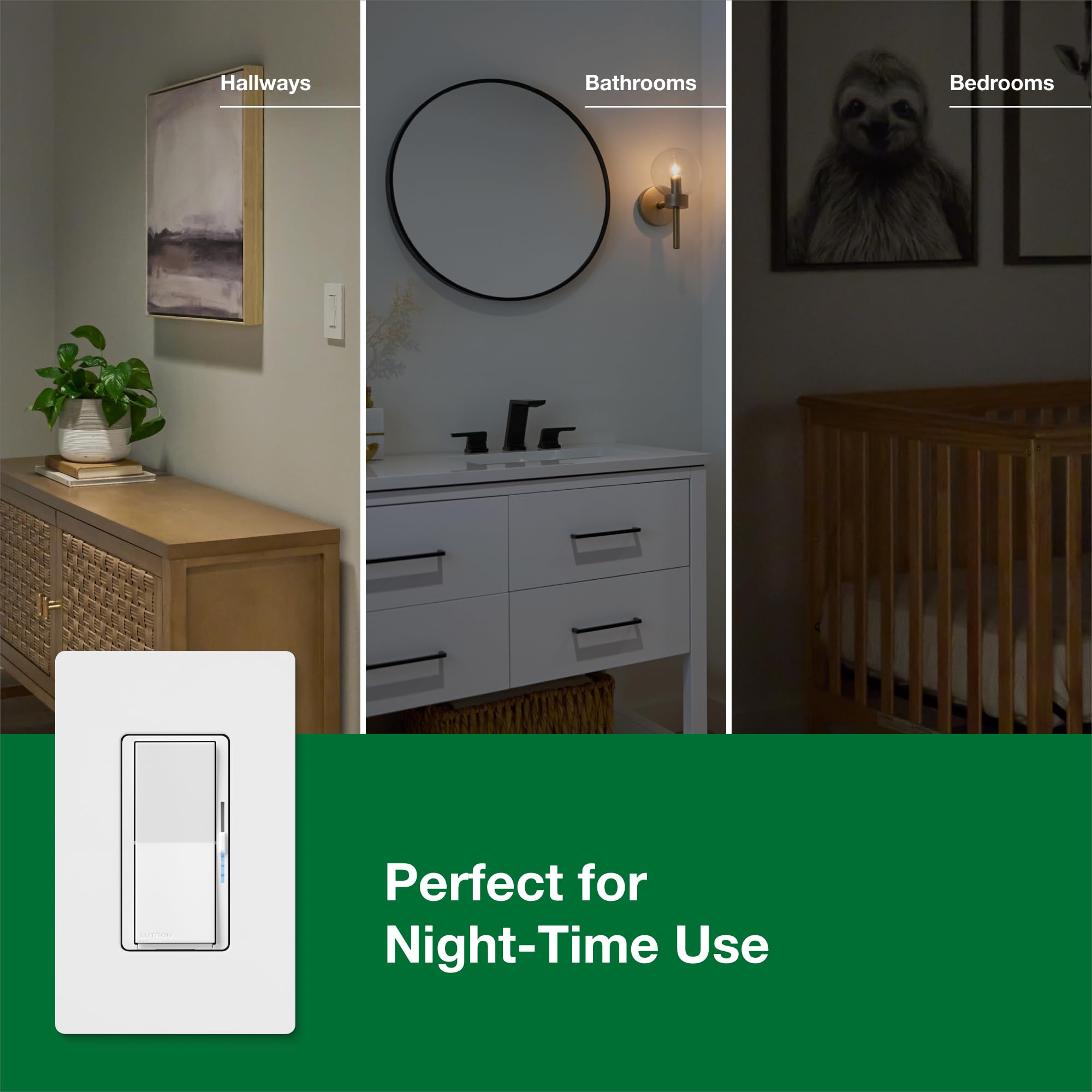 Lutron Diva LED+ Regulador de intensidad con modo nocturno para LED | Modo nocturno Diva para baños y pasillos, barra de luz de brillo suave para luz localizadora, no requiere neutro