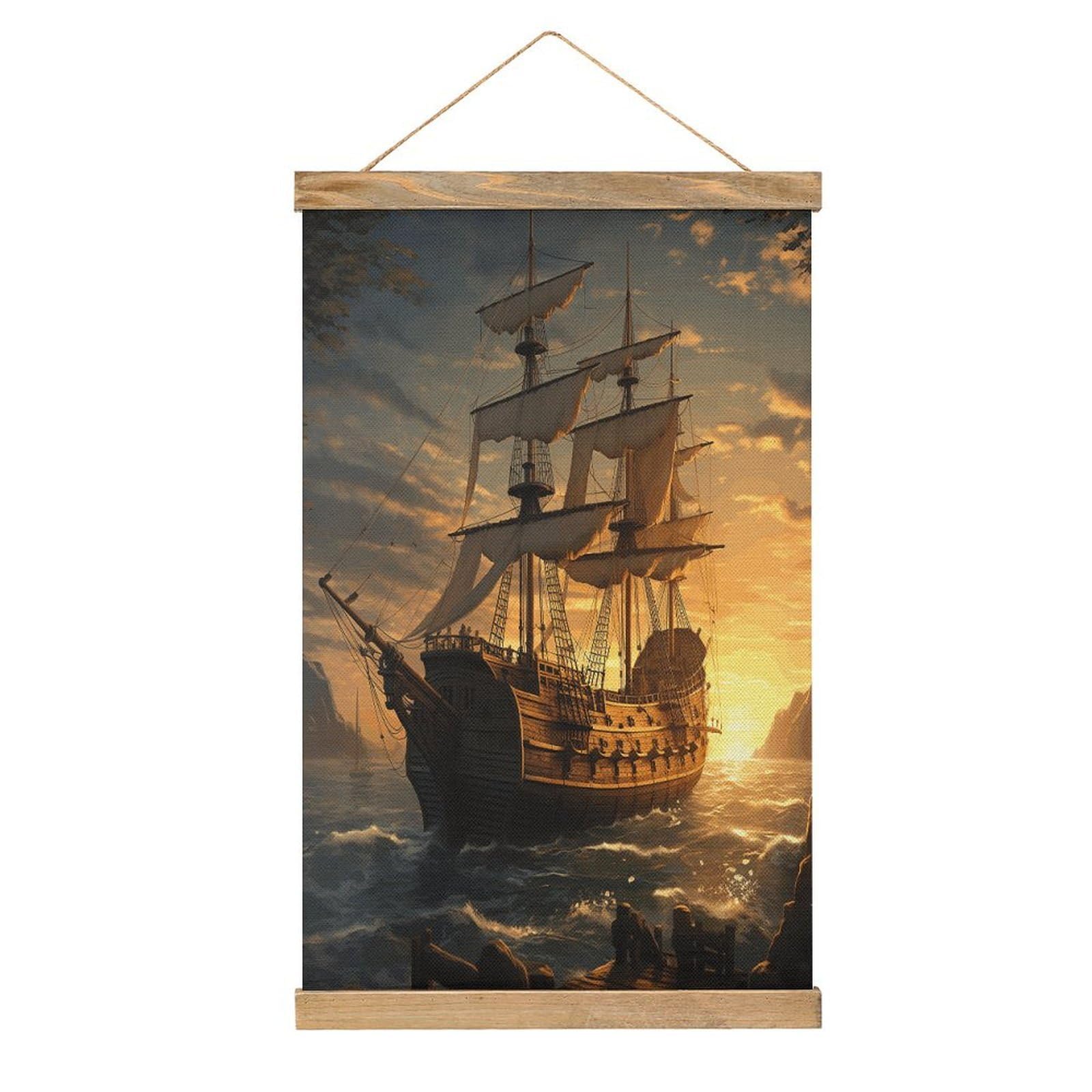 VstaDank Fantasy Pirate Ship Poster with Wooden Frame Hanger Art Painting Wall Decor Poster Wall Hanging Wooden Frame 13x20 Wood Poster Hanger for Photo Picture Art Canvas Print Artwork