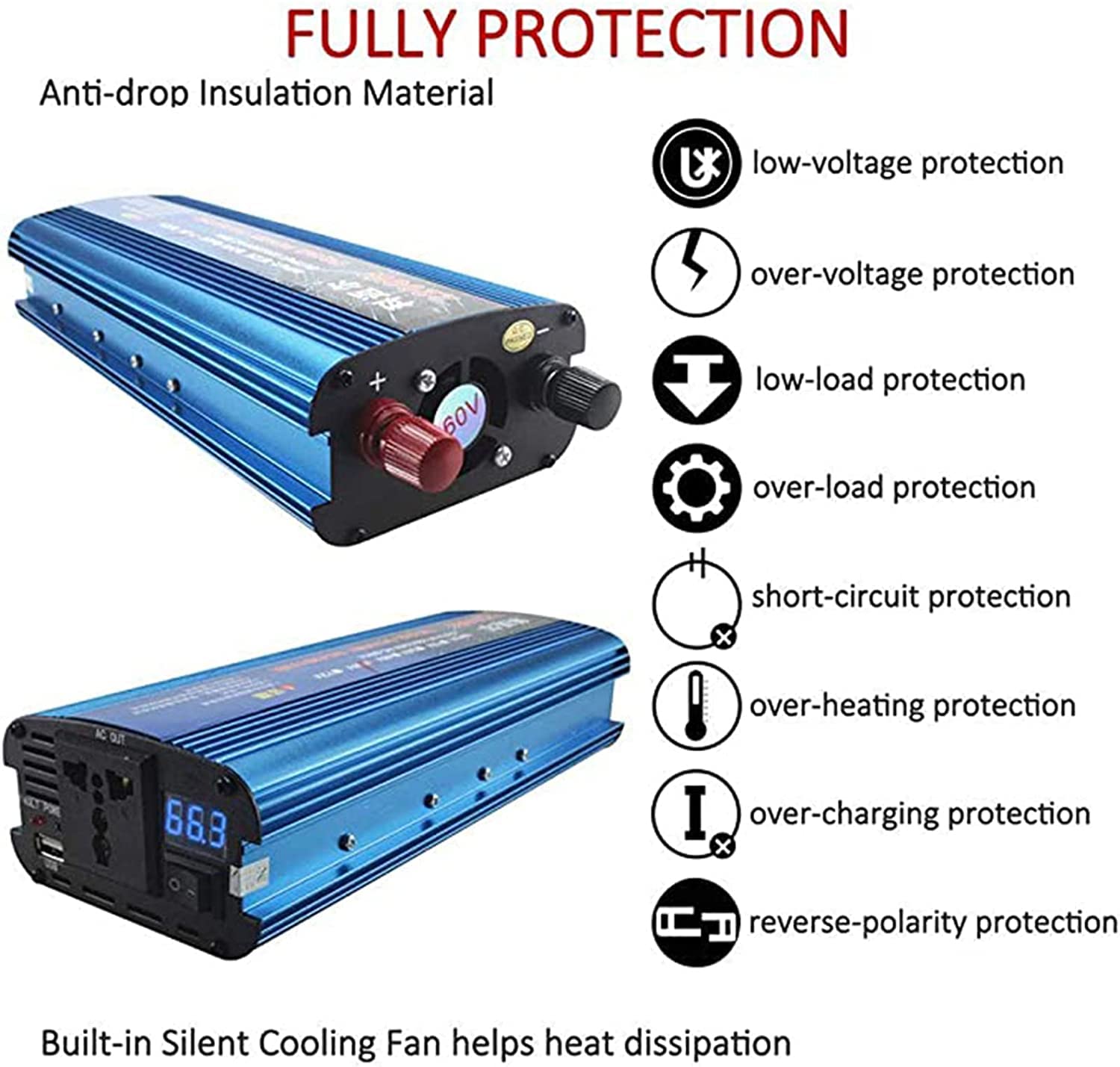 Przetwornica czysta fala 1200 W 1600 W 2200 W falownik mocy DC 12V 24V 36V 48V 60V 72V AC 220V 230V 240V falownik konwerter konwerter konwertera czystego sinusoidalnego do podróży, samochodu