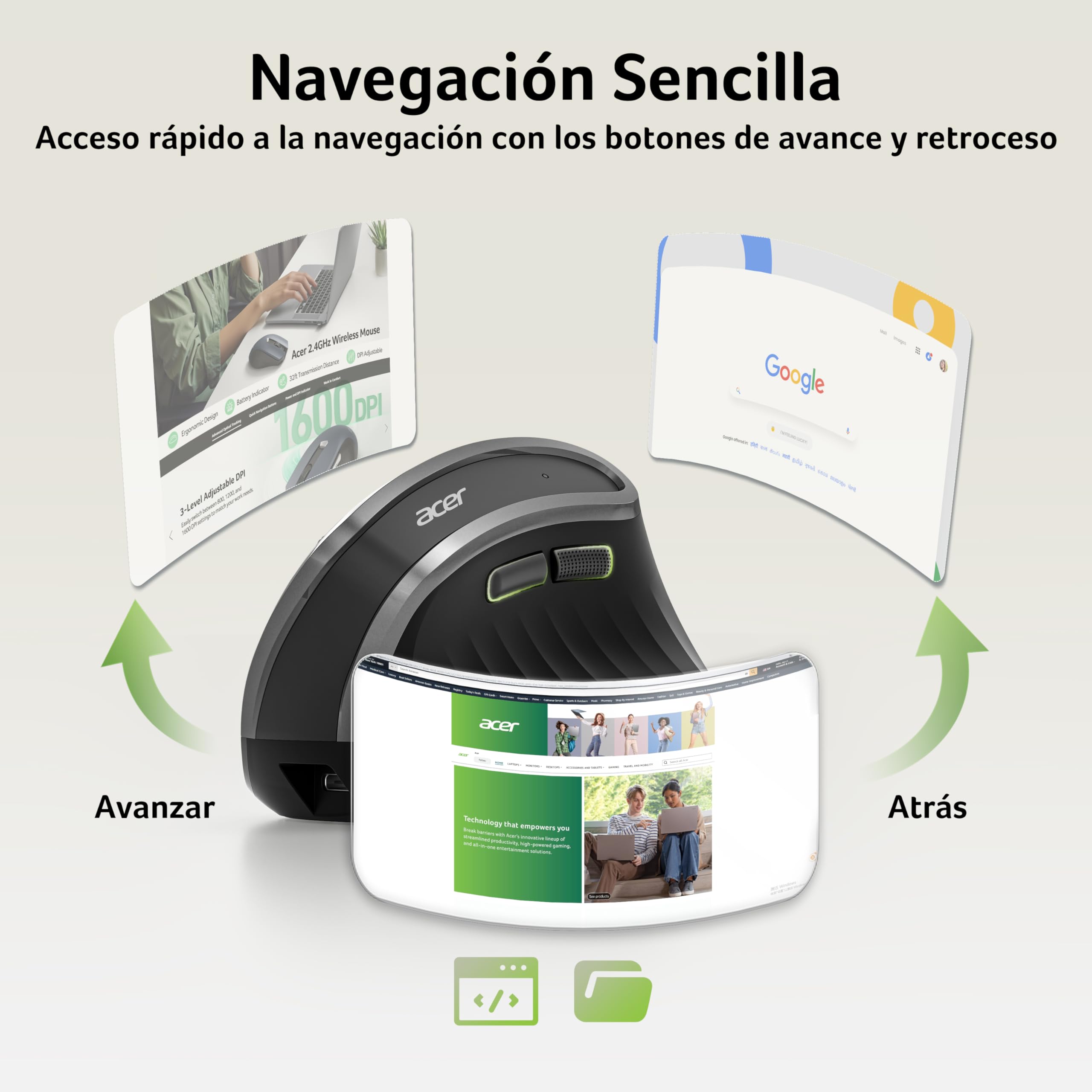 Acer Ratón Ergonómico 2.4G, Ratón Vertical Inalámbrico 1600 dpi | Wireless Mouse Recargable con Receptor USB-A para PC y Portátiles, Compatible con Windows, macOS, Linux, etc.