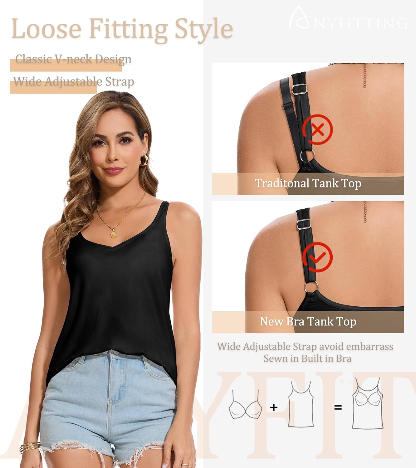 ANYFITTING V Neck Tank Top with Built in Bras Wide Strap Loose Fitting Flowy Summer Sleeveless Shirt - Image 4