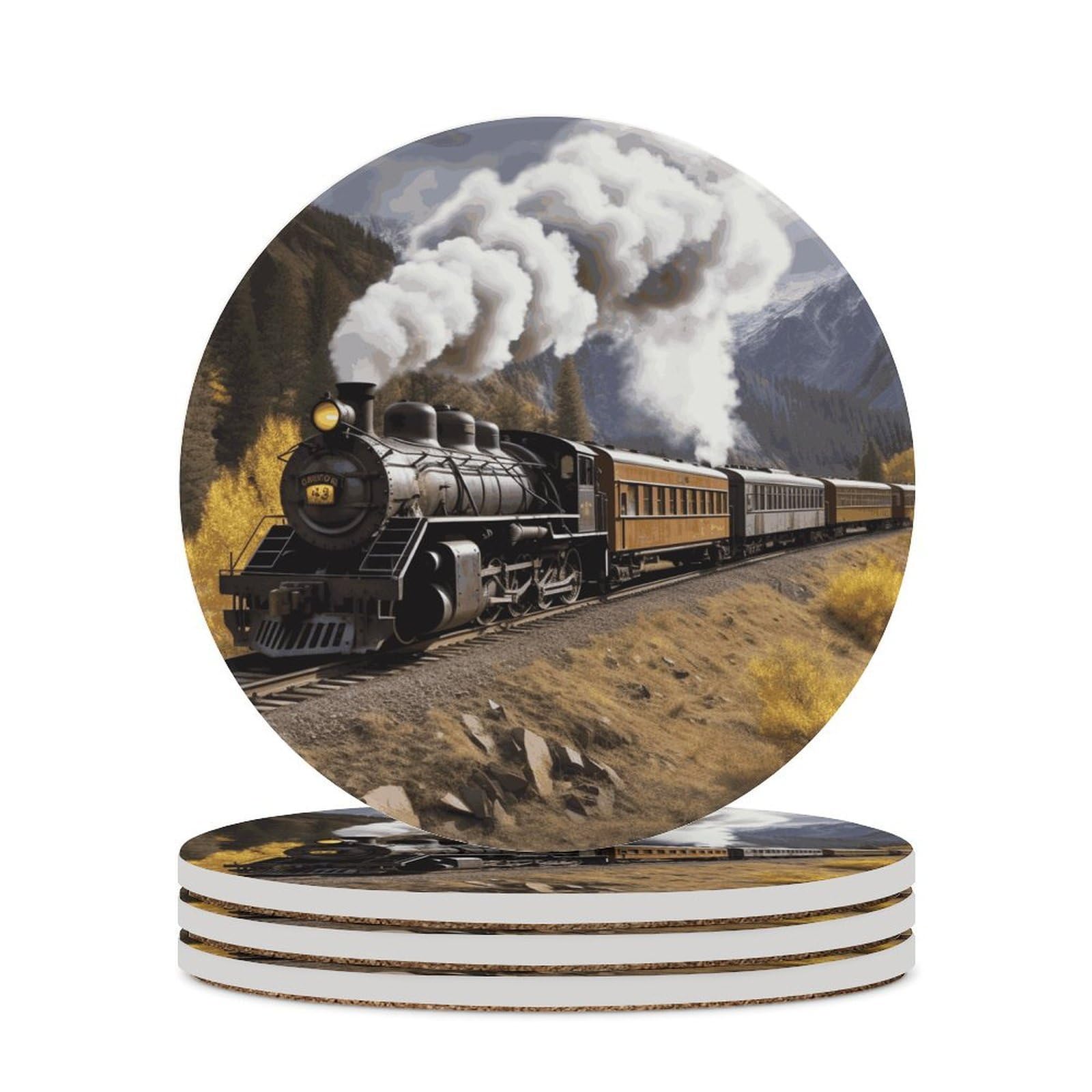 Steam Locomotive Train Coasters for Drinks Absorbing Round Ceramic Stone Coaster with Cork Base Coffee Cup Beverage Table Cup Mat Modern Style Bar Coaster Set for Home Decor